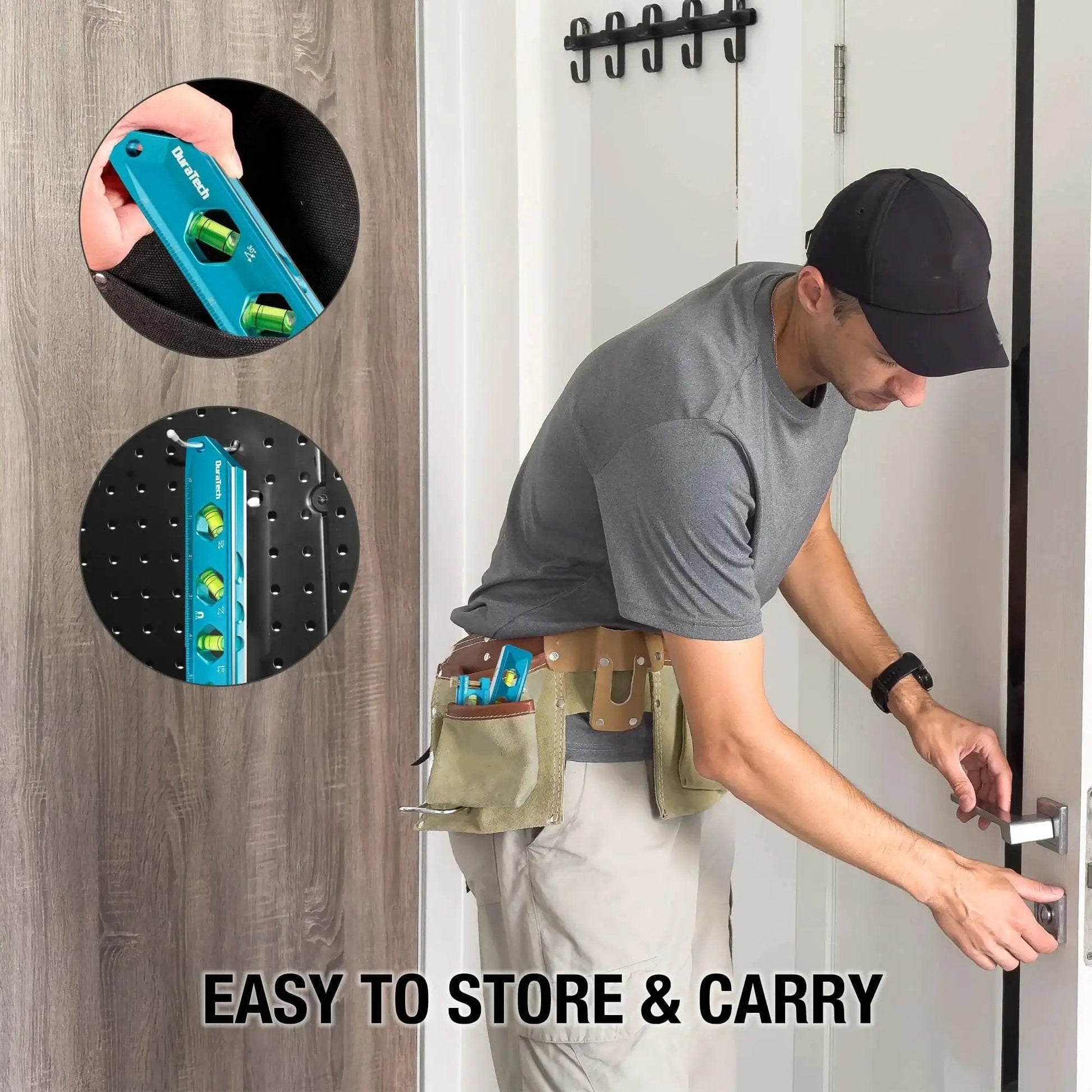 Person using High Visibility 8 Inch Magnetic Torpedo Level With Four Bubbles 0 Degree 30 Degree 45 Degree And 90 Degree on door