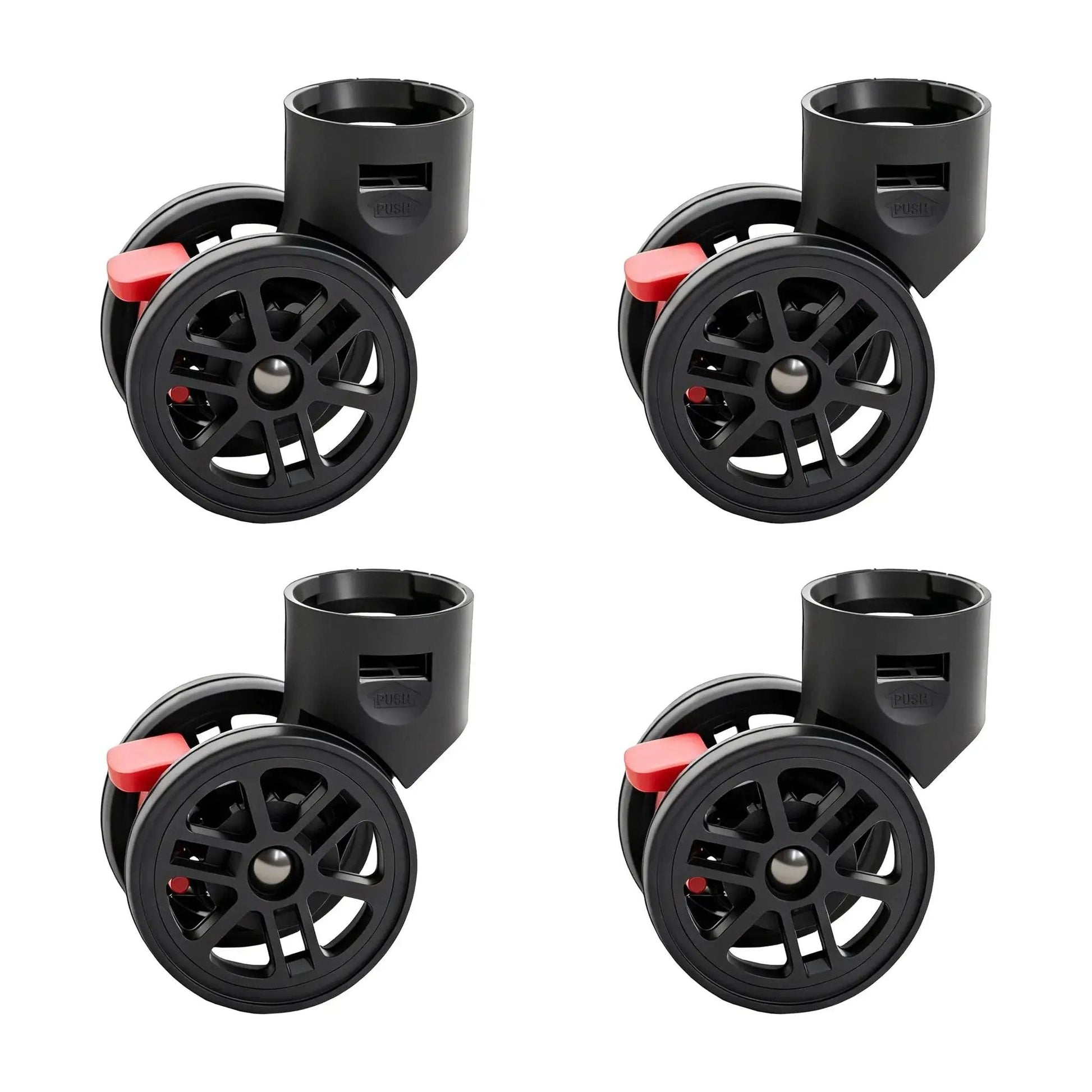 Four Pack 360 Degree Swivel Replacement Wheel Caster With Locking Brake For Makeup Train Case, black plastic, red brakes.