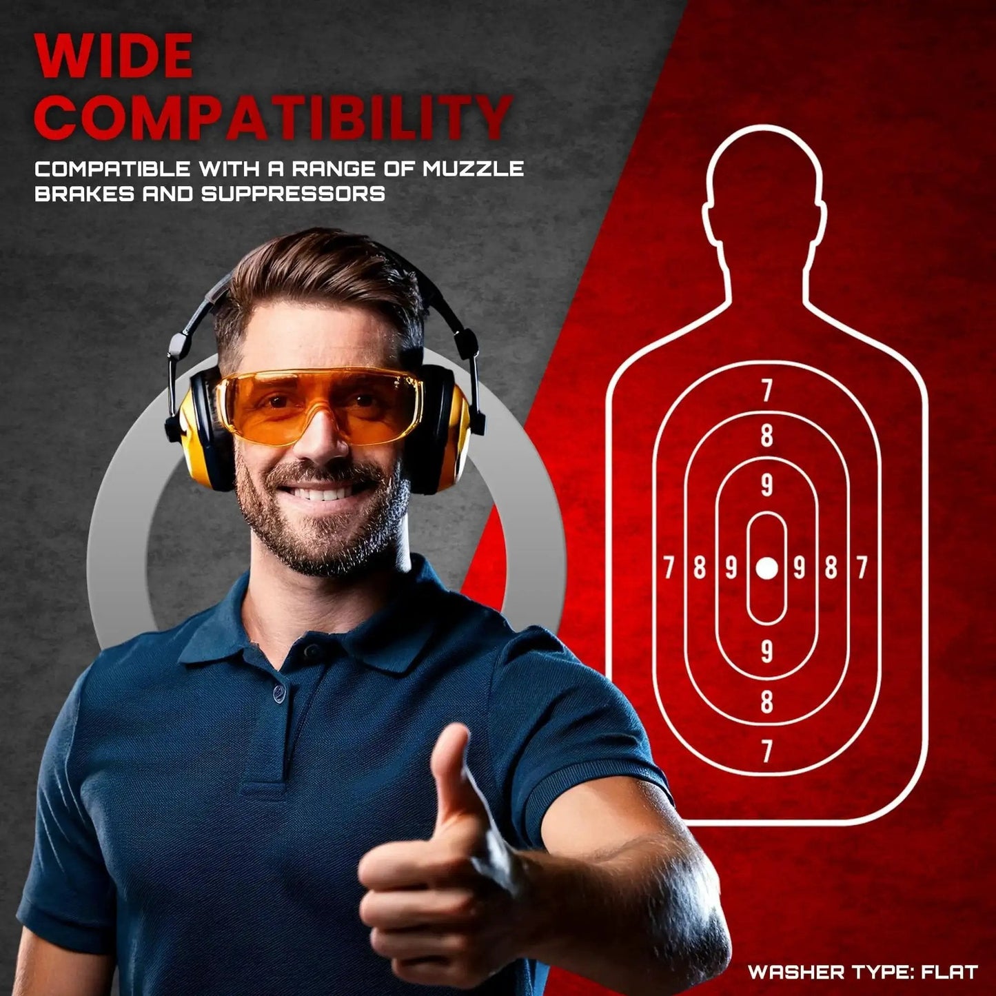 Man wearing earmuffs and glasses next to target silhouette promoting barrel shim kit compatibility for muzzle brakes and suppressors.