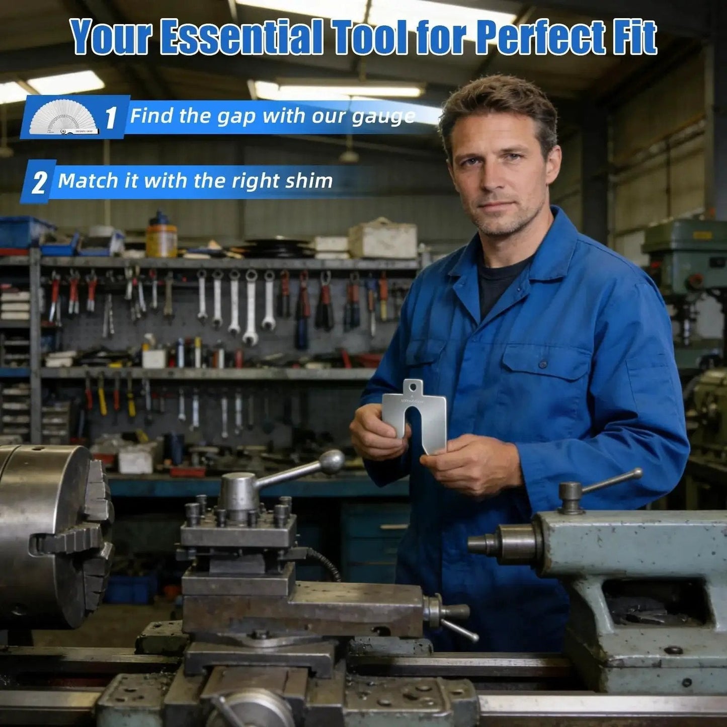 Man in workshop holding 156 Piece Size A 2x2 Stainless Steel Slotted Shim Kit With Feeler Gauge in front of machinery