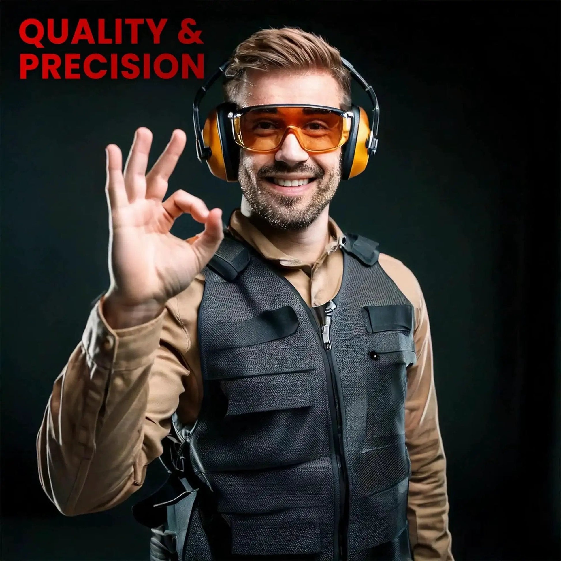 Man with ear protection and glasses signaling OK for quality and precision