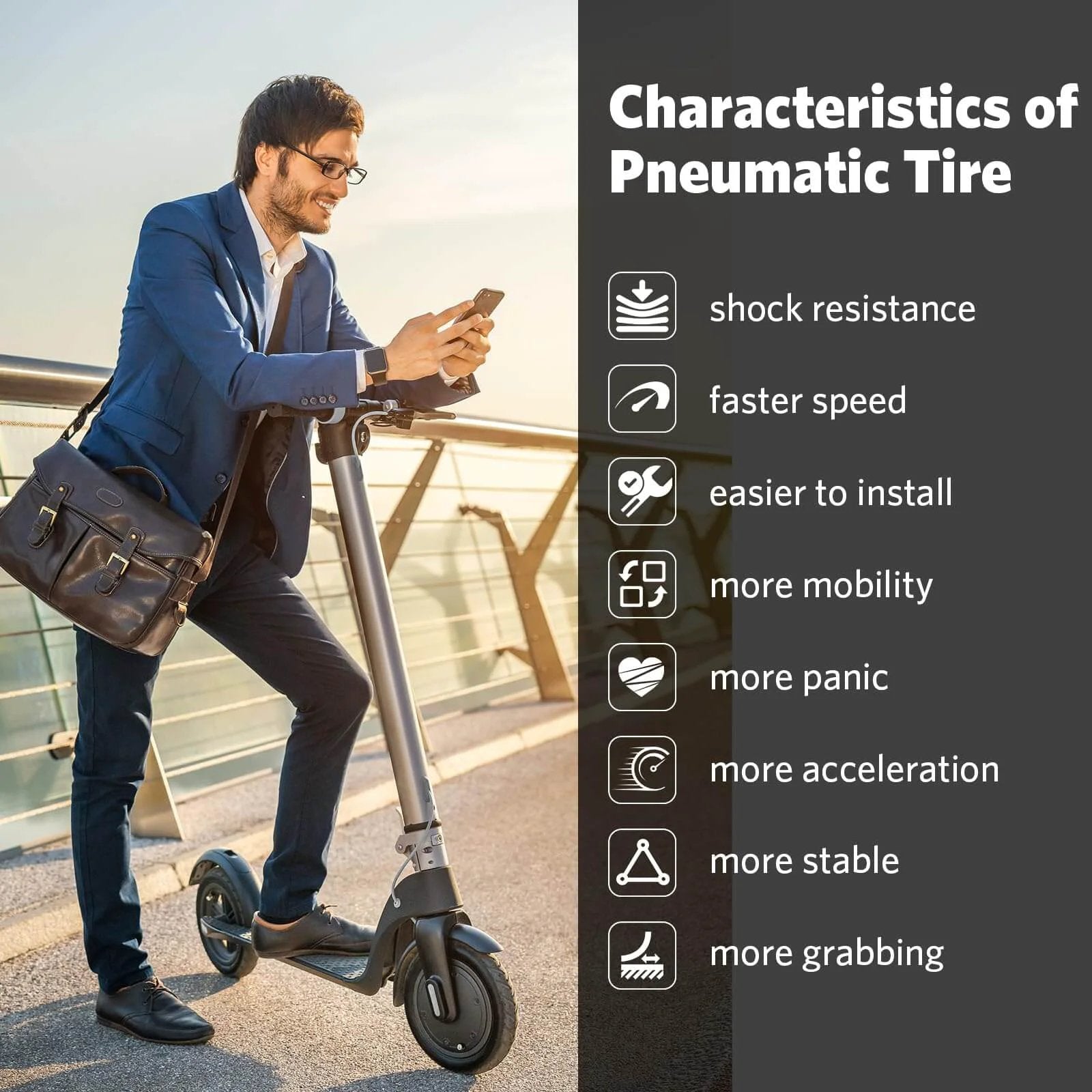 Man with scooter leaning on railing showing characteristics of 2Pack 8.5 Inches Scooter Inner Tube,8.5'' x 2 pneumatic tyres for Gotrax M365