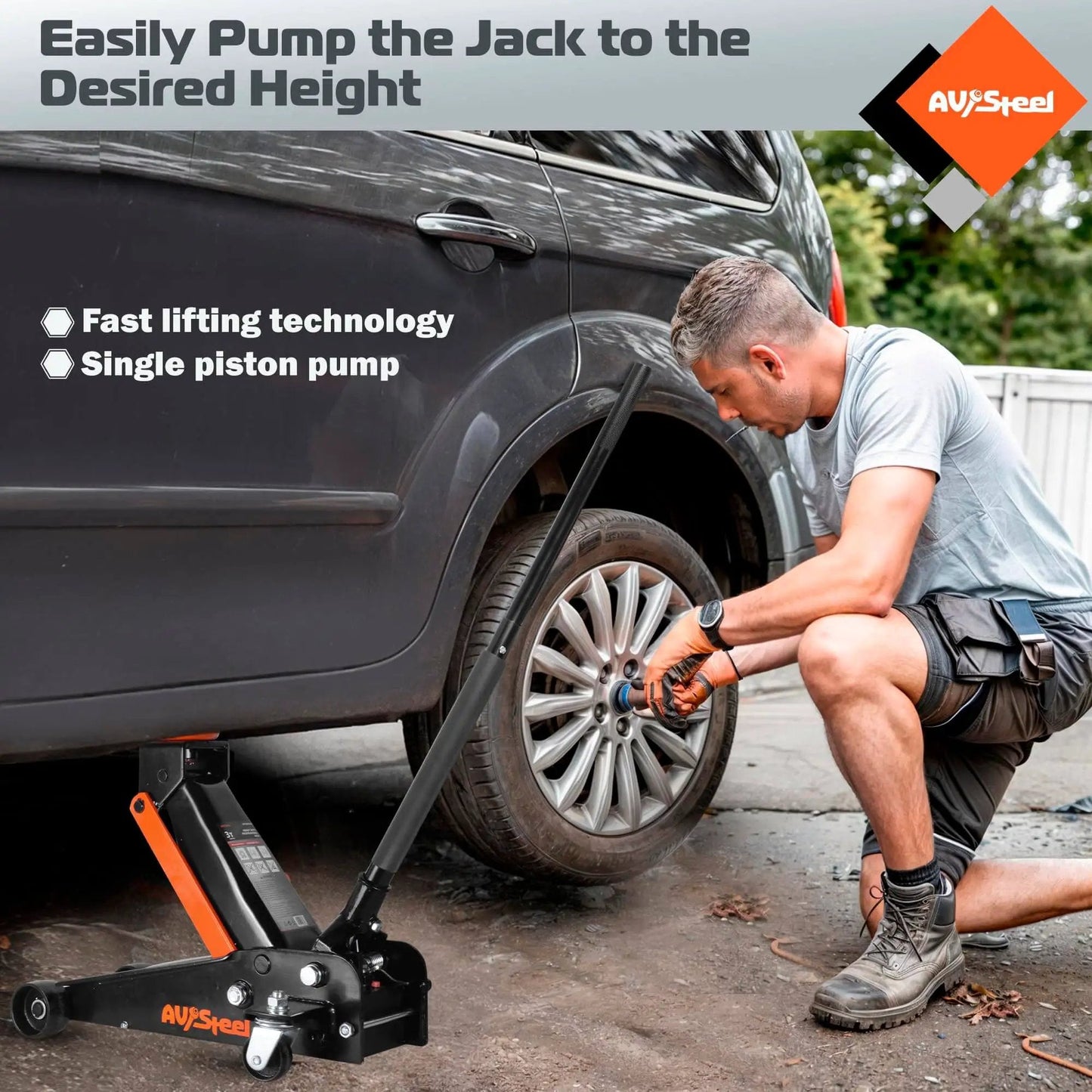 Beast Mode 3 Ton Floor Jack for Cars, Trucks and SUVs, hydraulic quick lift with single piston pump in use under vehicle.