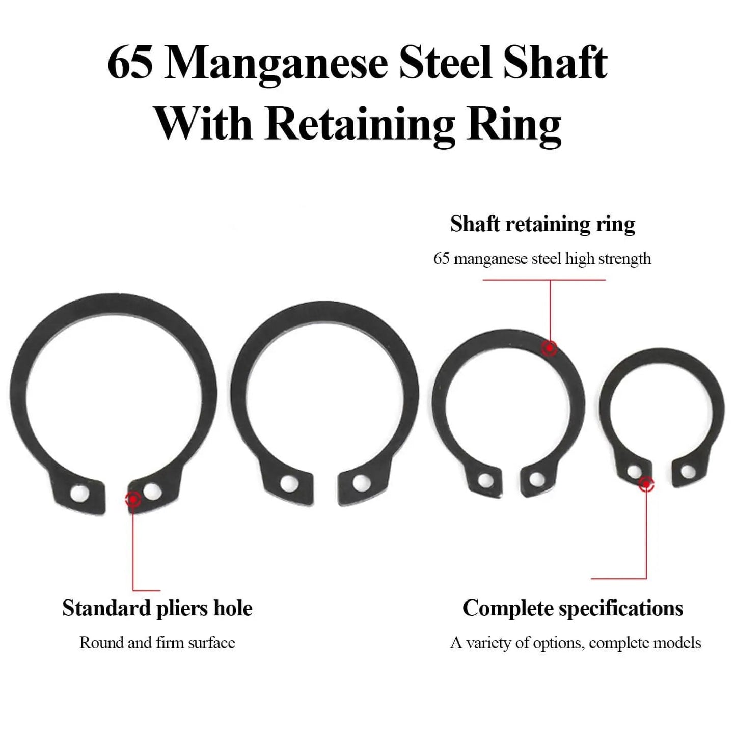 External Large Retaining Ring Set 50 Pcs Beefy 65Mn Steel Snap Rings 26 27 28 29 30 Mm Black Plated displayed in various sizes