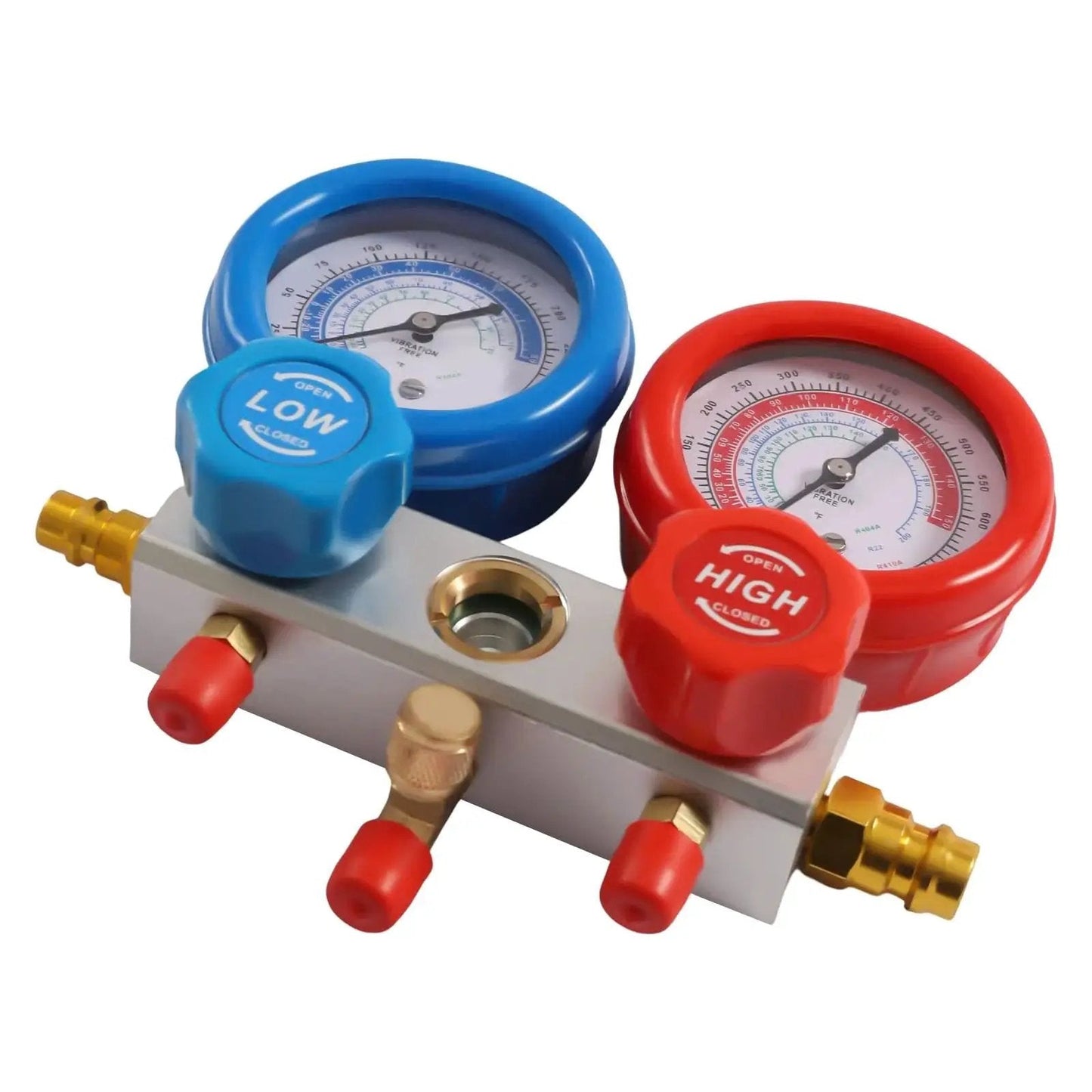 Heavy Duty Vacuum Pump And Manifold Gauge Set For AC Refrigeration Kit showing dual gauge manifold with red and blue dials