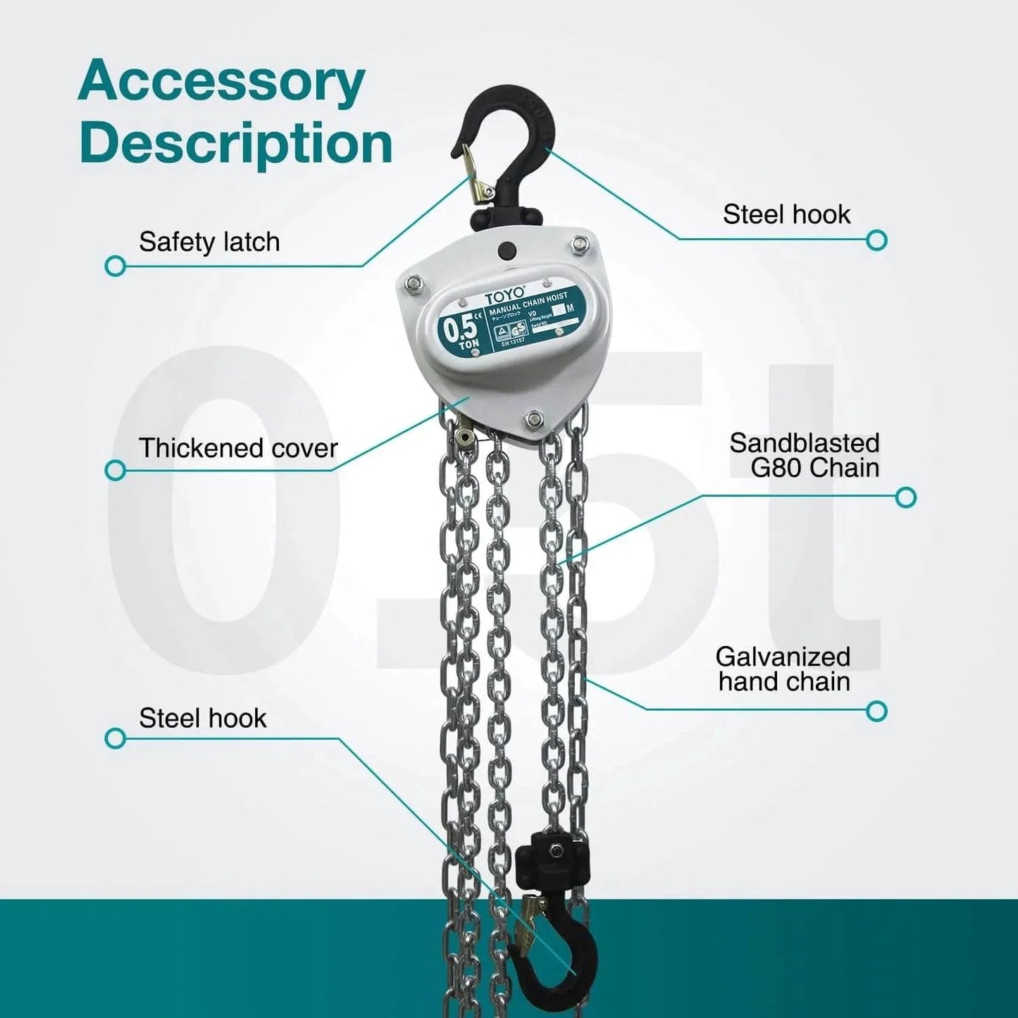 Industrial Grade Manual Chain Hoist 1100 Lb Capacity With 10 Ft Lift Reach And 3 Meter Chain Fall featuring steel hooks and chains.