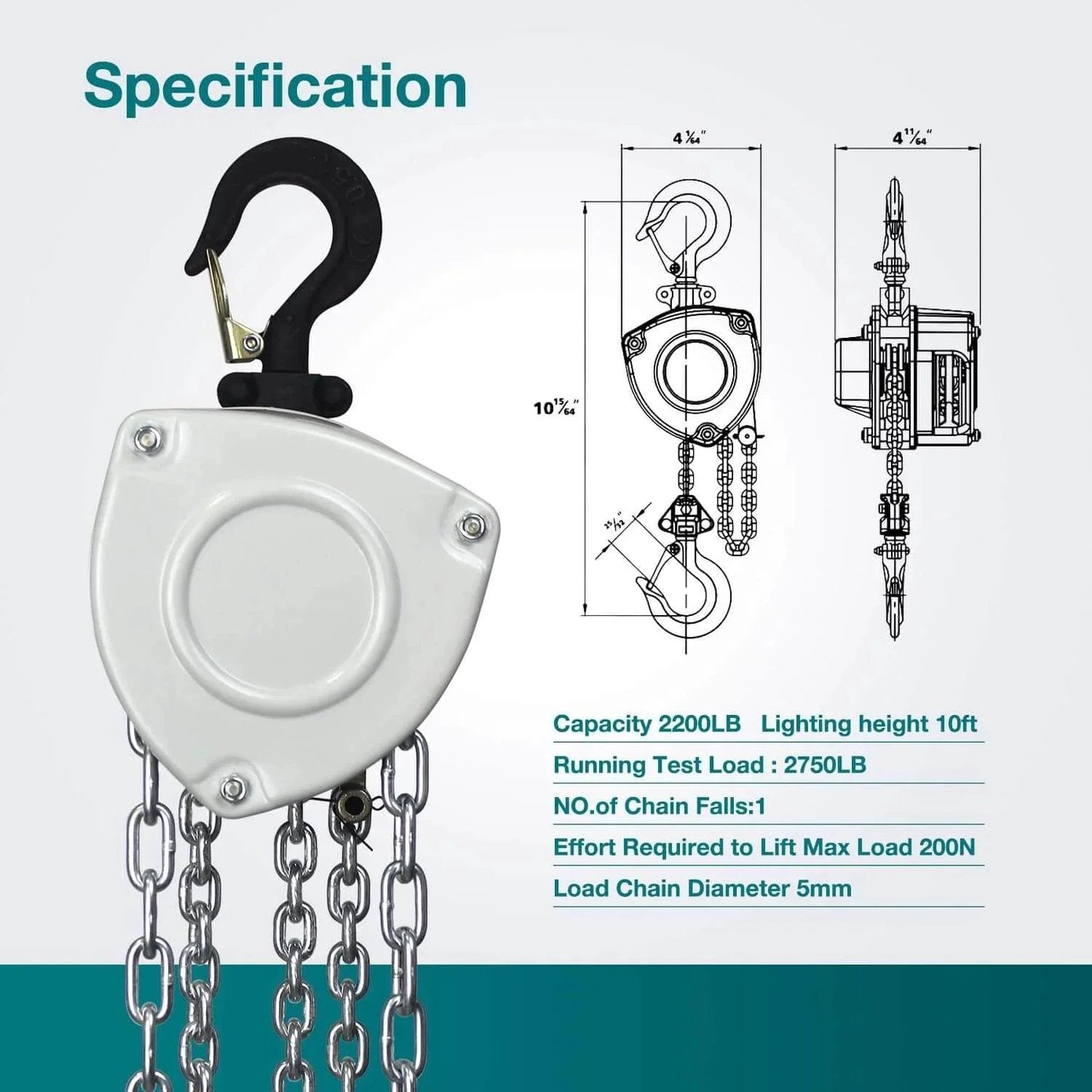 Diagram of Industrial Grade Manual Chain Hoist 1100 Lb Capacity With 10 Ft Lift Reach showing specifications and design