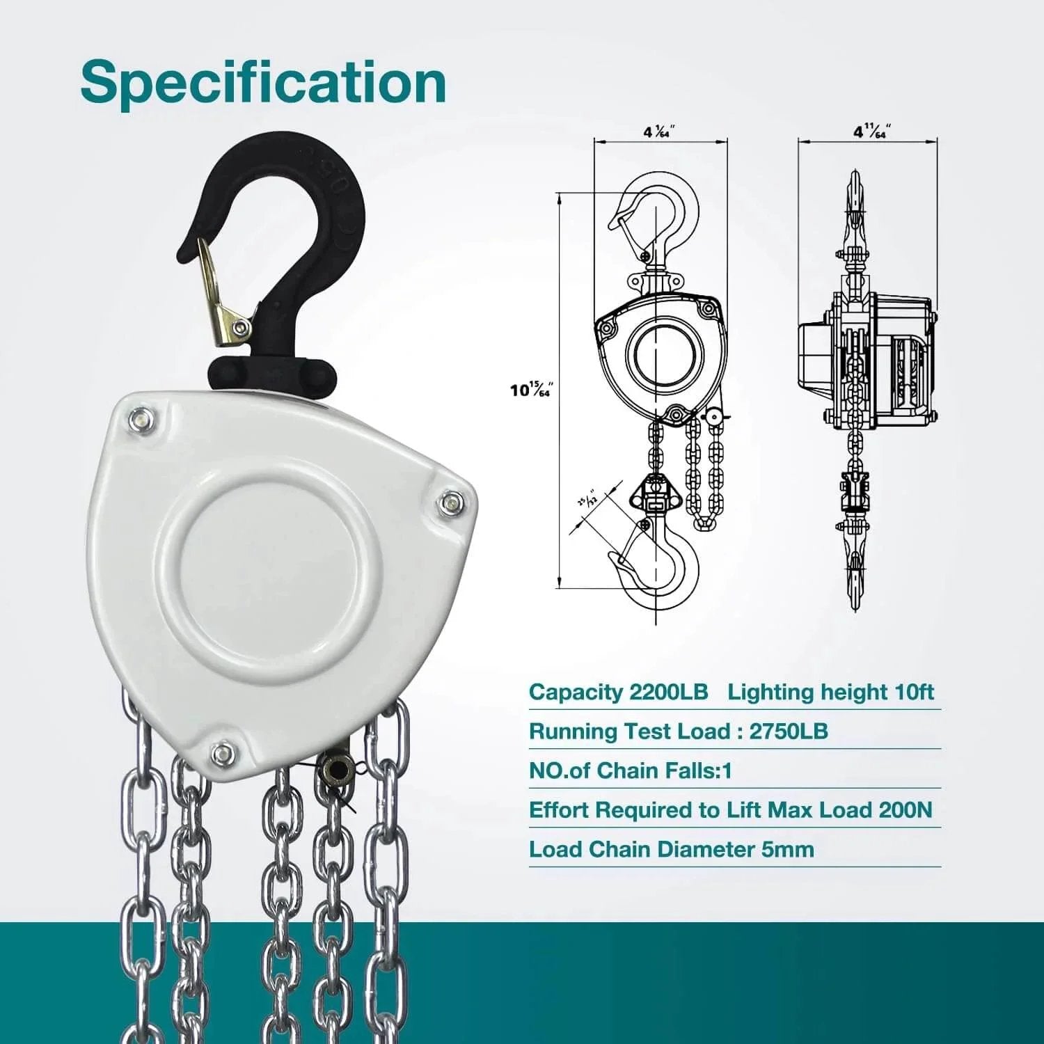 Diagram of Industrial Grade Manual Chain Hoist 1100 Lb Capacity With 10 Ft Lift Reach showing specifications and design