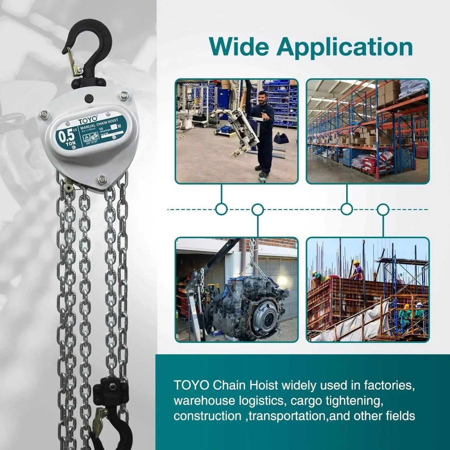 Industrial Grade Manual Chain Hoist 1100 Lb Capacity With 10 Ft Lift Reach And 3 Meter Chain Fall featuring usage examples