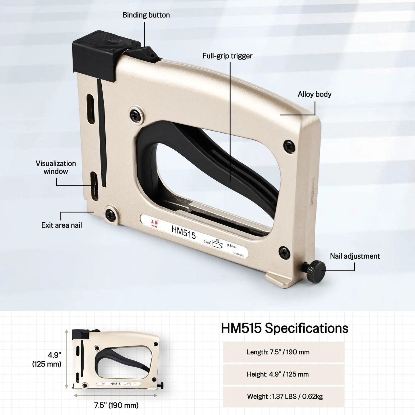 Point Driver HM515 Manual Framing Tool with 1000 Flexible Nails for Picture Frames and DIY Crafts, side view with features labeled