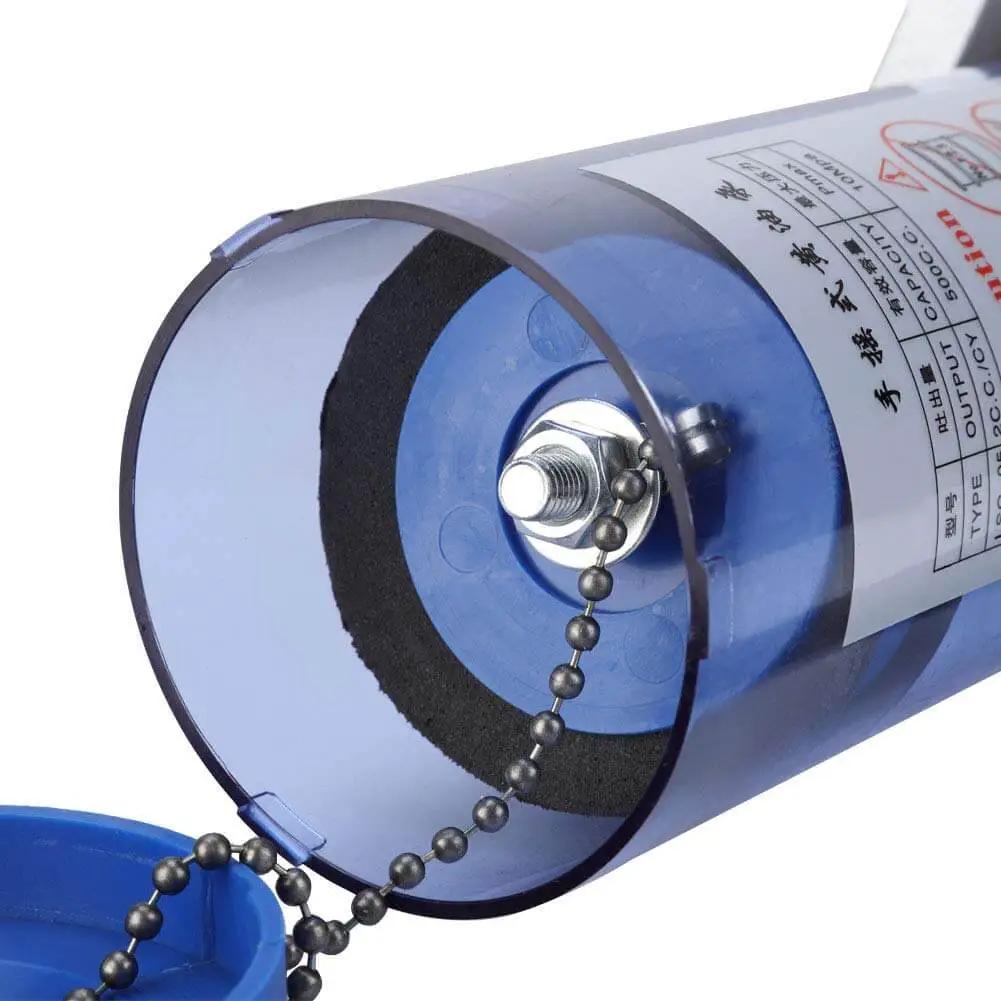 Close-up of Manual Grease Pump Lubricator For CNC Machine Tools Hand Crank 6mm Outlet 500cc Capacity with chain and blue housing