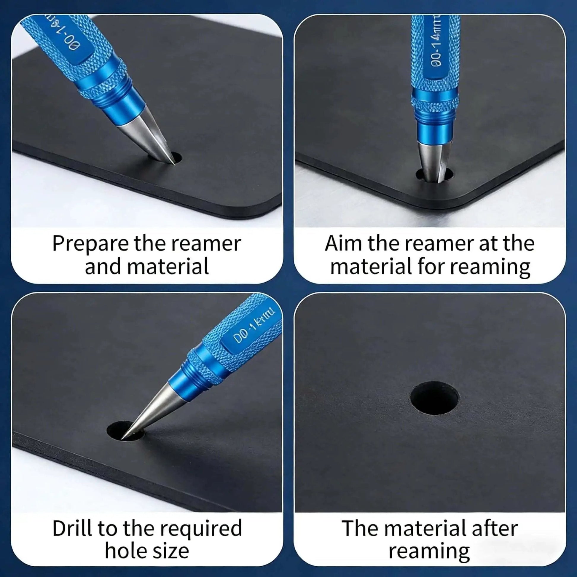Adjustable 0-14mm Manual Hole Punch Tool for Woodworking and Metalworking, demonstrating drilling process on black material.