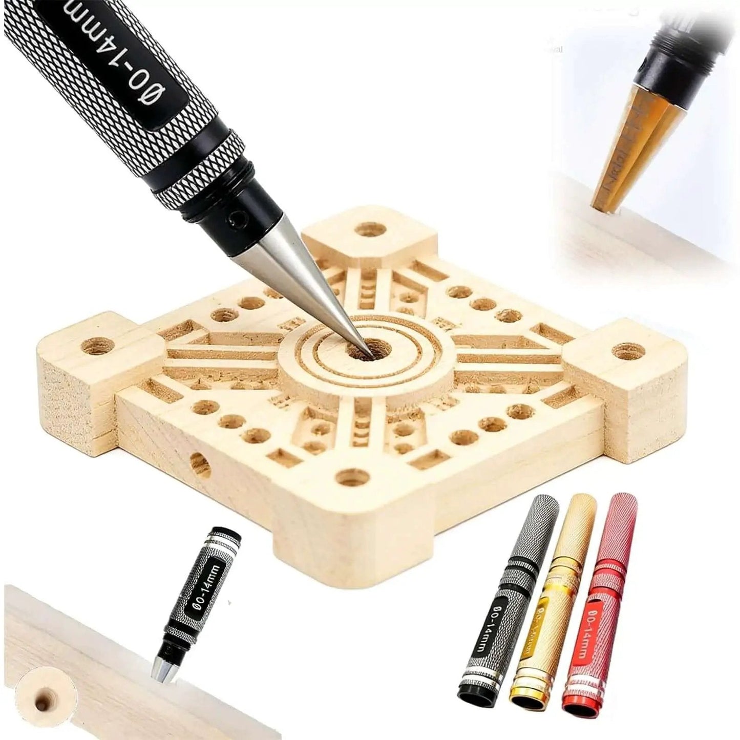 Adjustable 0-14mm Manual Hole Punch Tool For Woodworking And Metalworking, Precise Reamer Drill in action on wood block