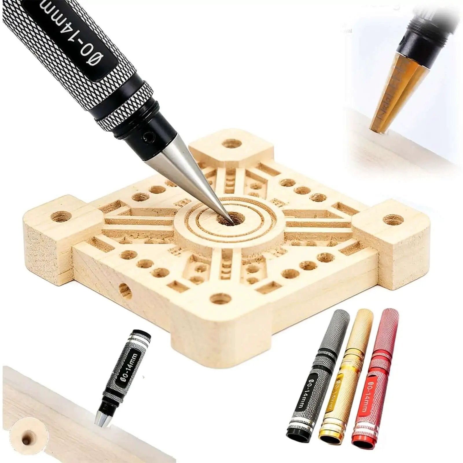 Adjustable 0-14mm Manual Hole Punch Tool For Woodworking And Metalworking, Precise Reamer Drill in action on wood block