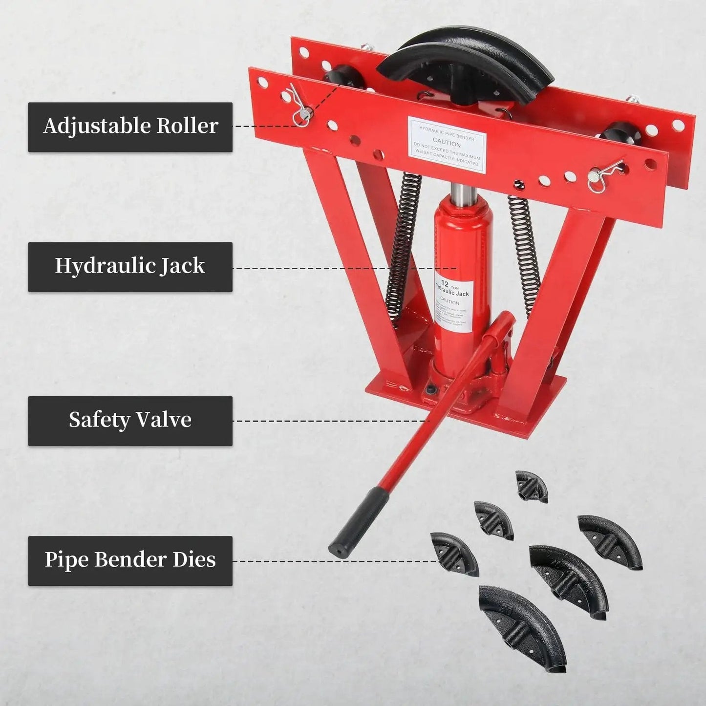 12 Ton Manual Hydraulic Pipe Bender With Six Dies And Adjustable Rollers for 90-180 Degree Bends, showing hydraulic jack and safety valve