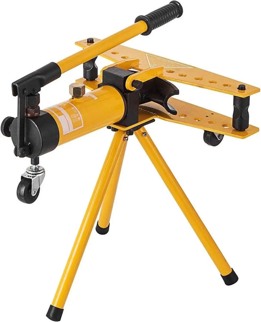 Mechanical and manual hydraulic pipe bender for 13mm to 34mm pipes with die set, yellow frame, on tripod stand.