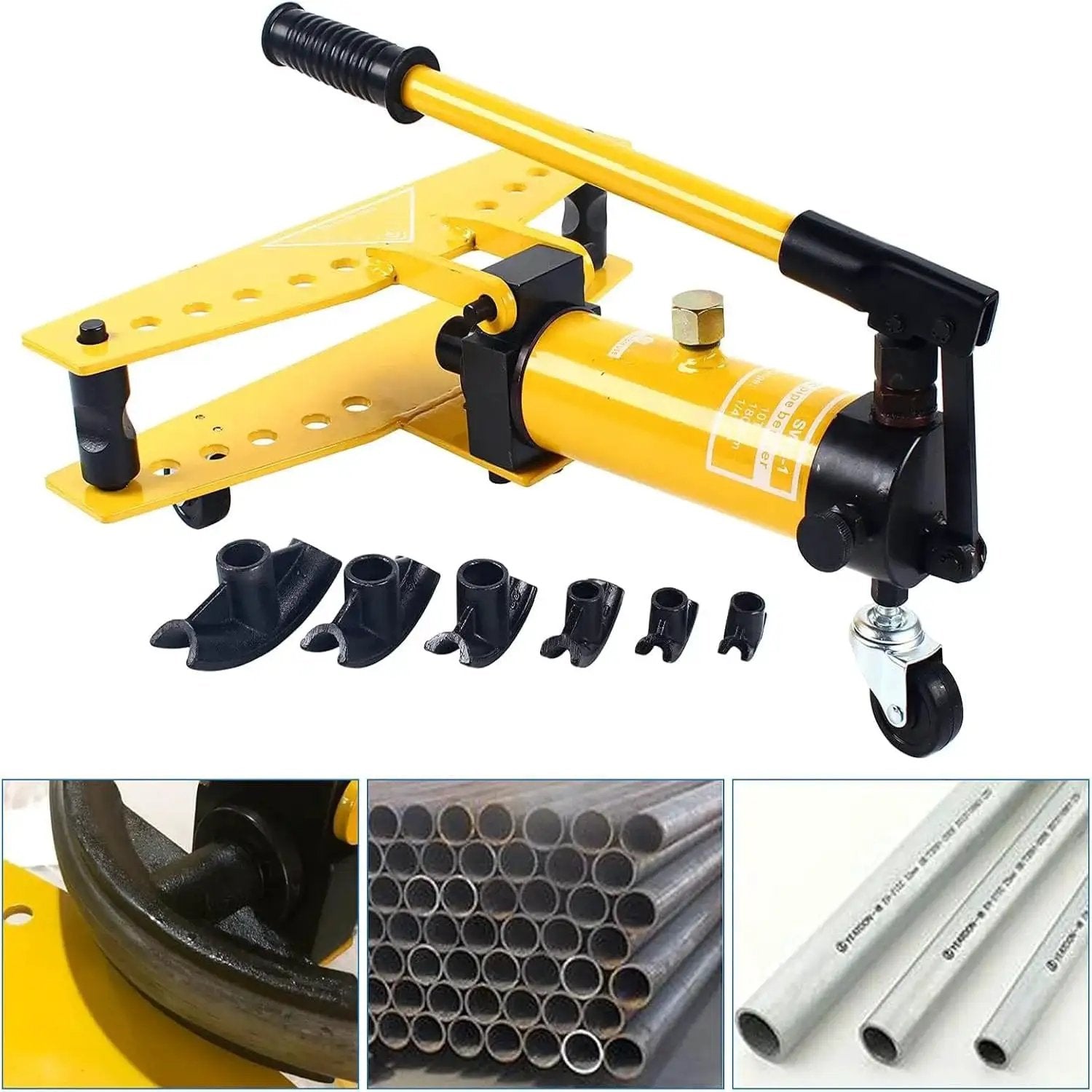 Heavy Duty Manual Hydraulic Pipe Bender with six dies for 22 to 60 mm pipes, 16 ton output, shown with handle and accessories