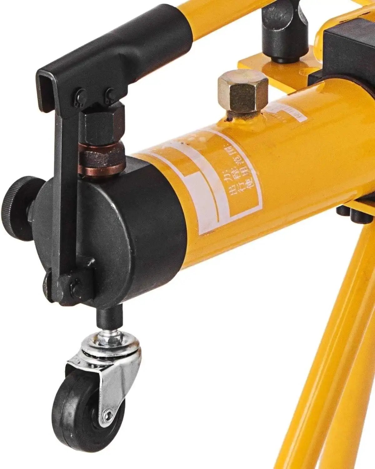 Close-up of a yellow mechanical and manual hydraulic pipe bender with a wheel, designed for 13mm to 34mm pipes, showing construction details.