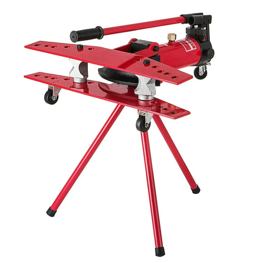 Manual Hydraulic Pipe Bender And Tube Bending Machine For One Half To Two Inch Tubes With Dies, red frame on wheels