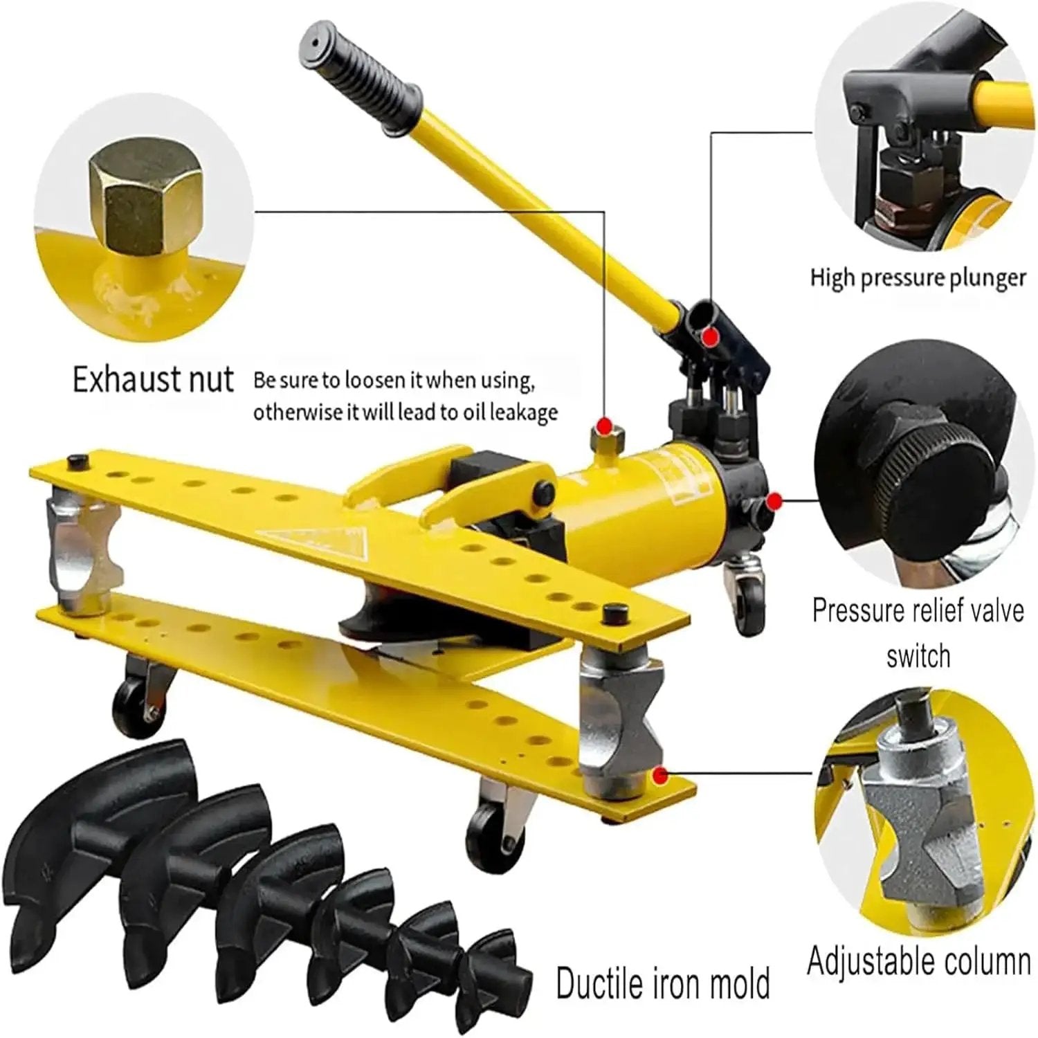 Heavy Duty Manual Hydraulic Pipe Bender With Six Dies For 22 To 60 Mm Pipes 16 Ton Output 230 Mm Stroke Bend Wall Thickness 2.75 To 4.5 Mm For Piping Construction, showing adjustable column and pressure relief valve.