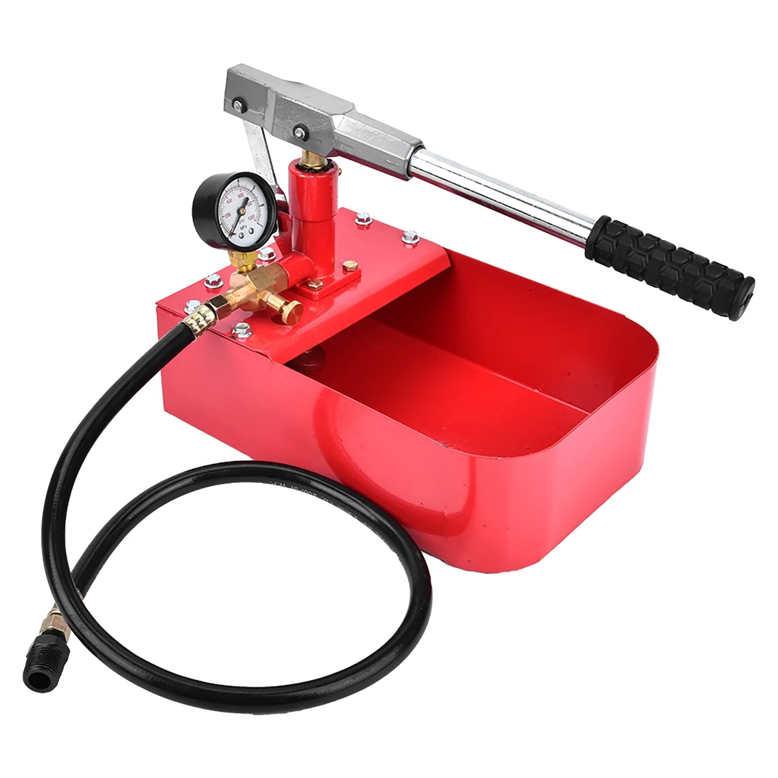 1000 PSI Manual Hydraulic Pressure Test Pump For Pipe And Valve Testing With Easy Leverage Long Handle, red iron body with pressure gauge.