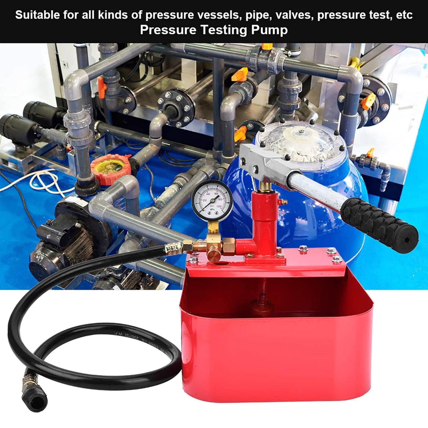 1000 PSI Manual Hydraulic Pressure Test Pump For Pipe And Valve Testing With Easy Leverage Long Handle, featuring a red iron body and gauge.