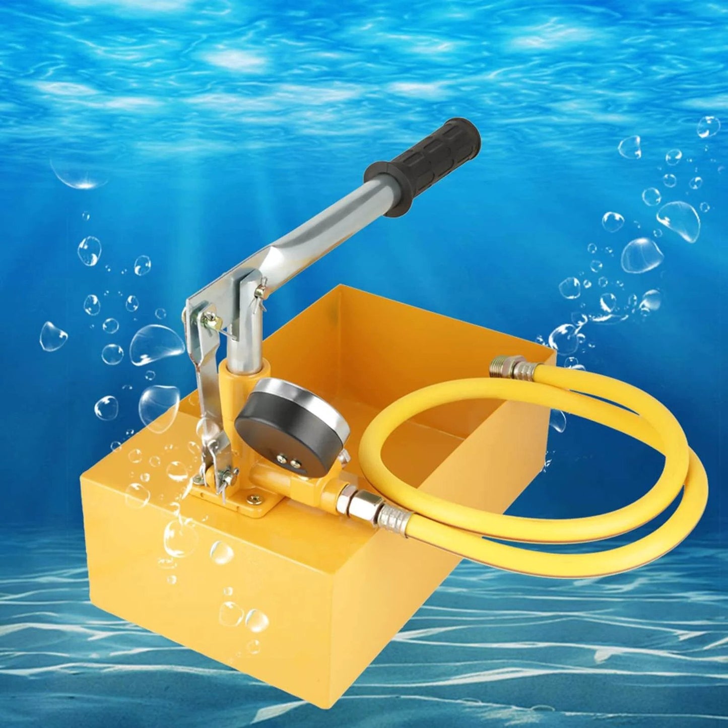 Hydraulic Pressure Test Pump, 2.5Mpa 25KG Manual Hydraulic Water Pressure Test Pump with yellow hose under water