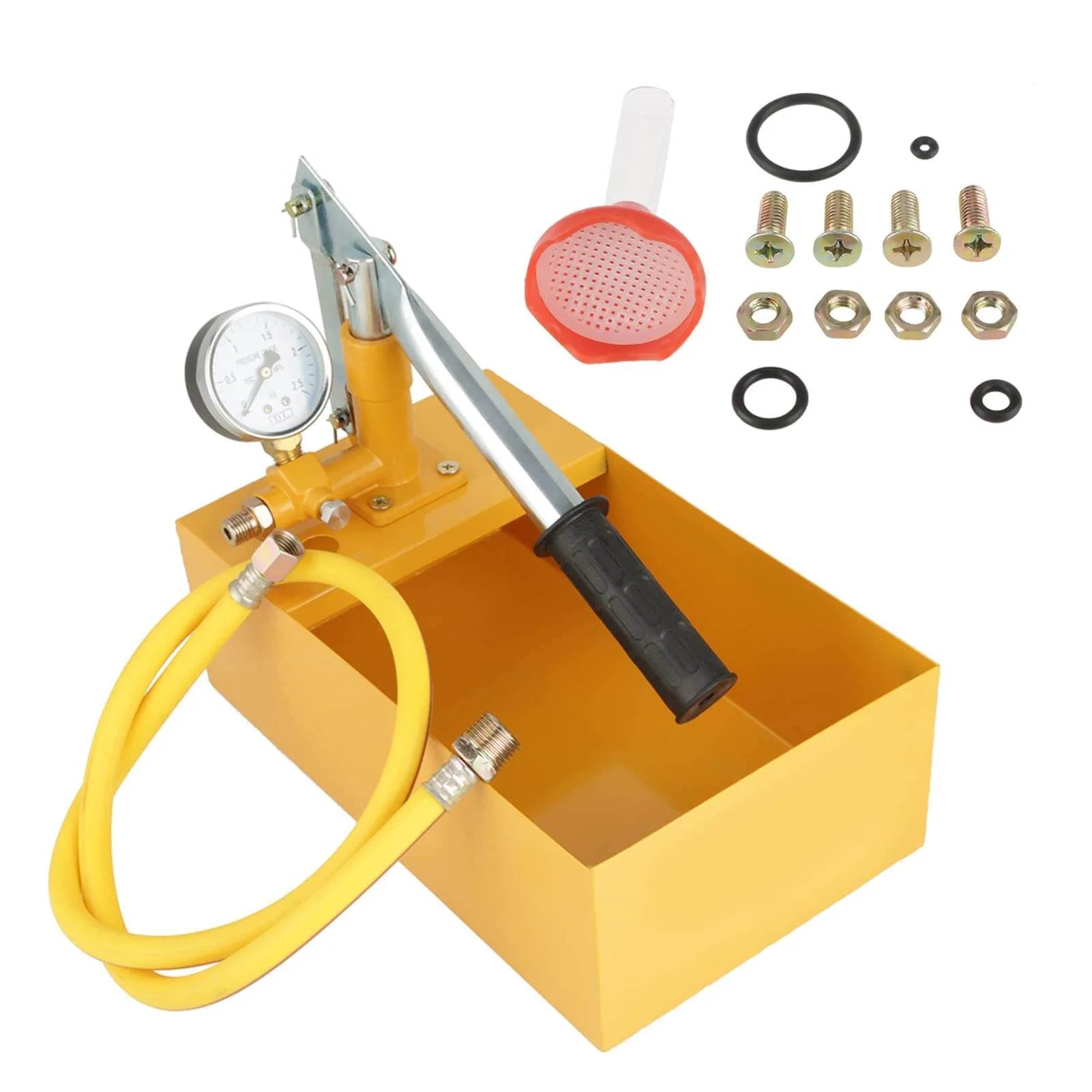 Hydraulic Pressure Test Pump, 2.5Mpa 25KG Manual Hydraulic Water Pressure Test Pump with gauge, yellow hose, and metal body for pipelines.