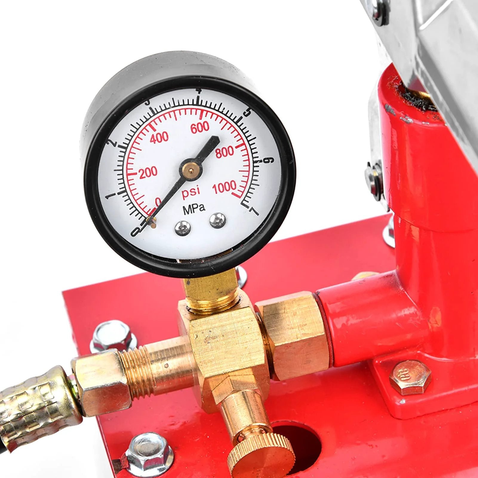Close-up of gauge on 1000 PSI Manual Hydraulic Pressure Test Pump For Pipe And Valve Testing with durable iron body.