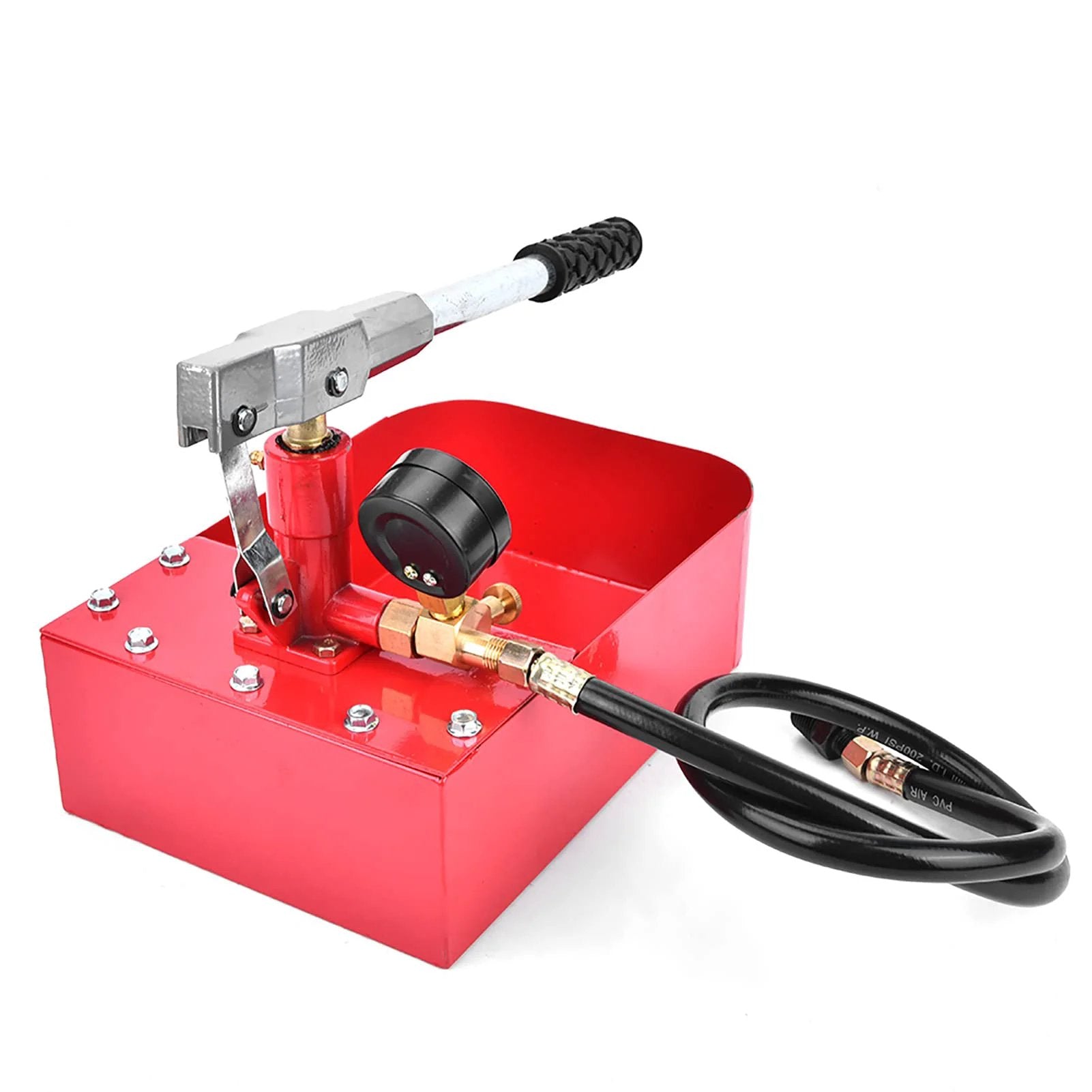 1000 PSI Manual Hydraulic Pressure Test Pump For Pipe And Valve Testing With Easy Leverage Long Handle, red iron body with gauge and hose.