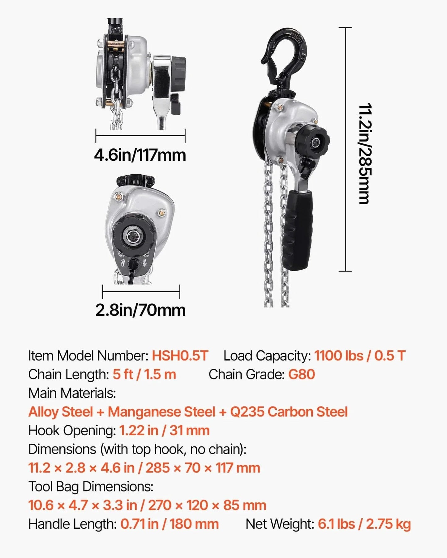 Manual Lever Chain Hoist Half Ton Capacity 1100 Lbs 10 Ft Lift G80 Chain Dual Pawl Brake 360 Degree Hooks with specifications