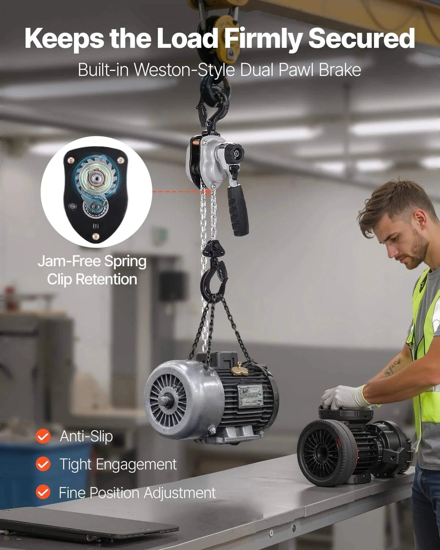 Manual Lever Chain Hoist 0.25 Ton Heavy Duty Come Along 10ft G80 Chain in use lifting motor in warehouse