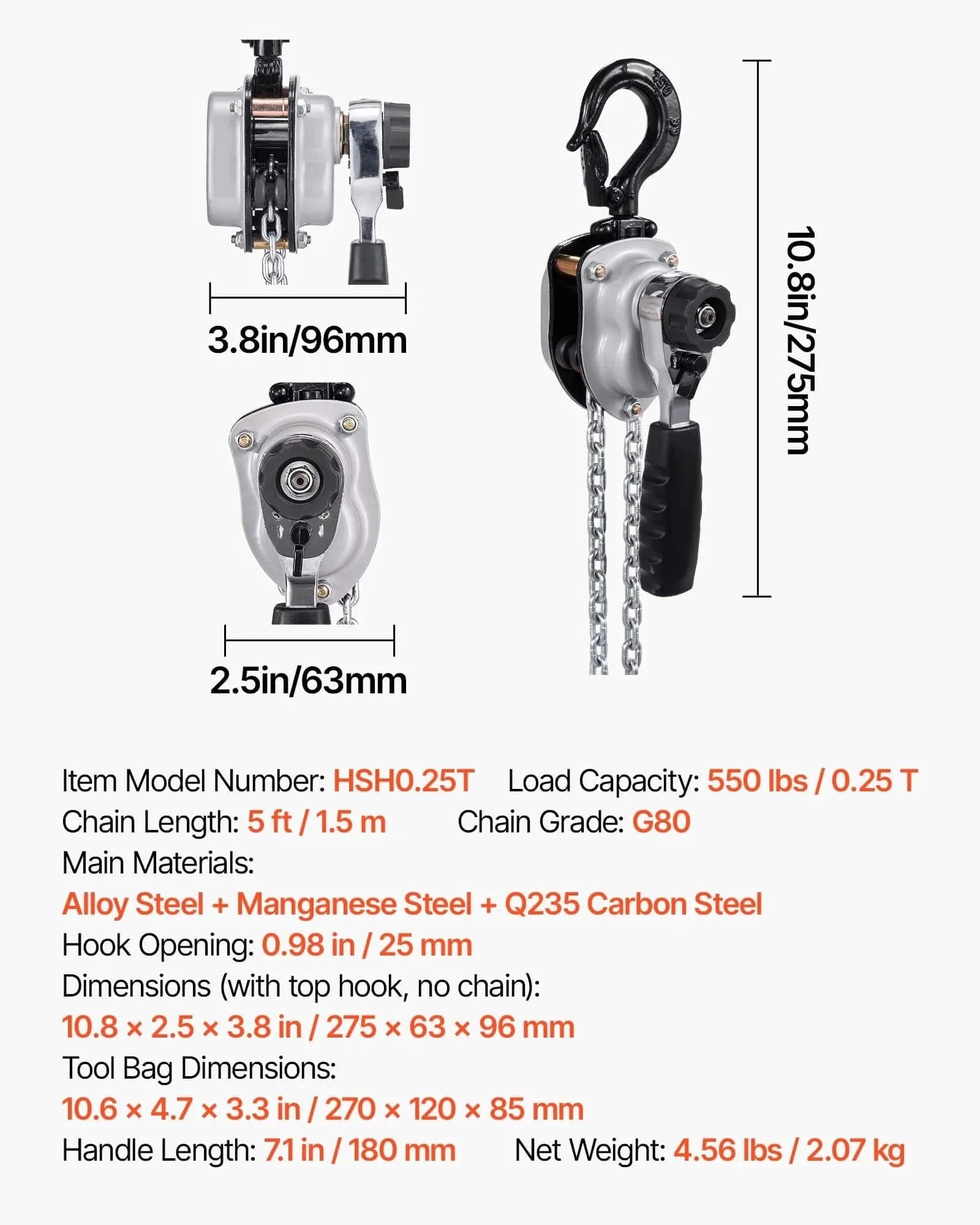 Manual Lever Chain Hoist Quarter Ton 550Lb Capacity With 5 Ft Lift G80 Chain Dual Pawl Brake 360 Rotating Hooks diagram