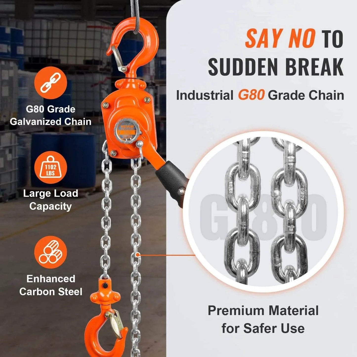 Manual Lever Chain Hoist 1/2 Ton 1100 Lbs Capacity 5 Ft Come Along G80 Galvanized Dual Pawl Brake and 360 Degree Hook details
