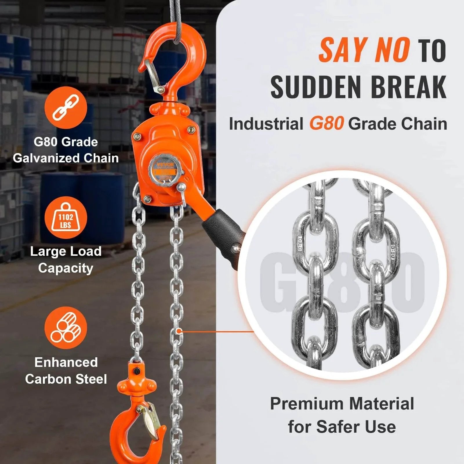Manual Lever Chain Hoist 1/2 Ton 1100 Lbs Capacity 5 Ft Come Along G80 Galvanized Dual Pawl Brake and 360 Degree Hook details