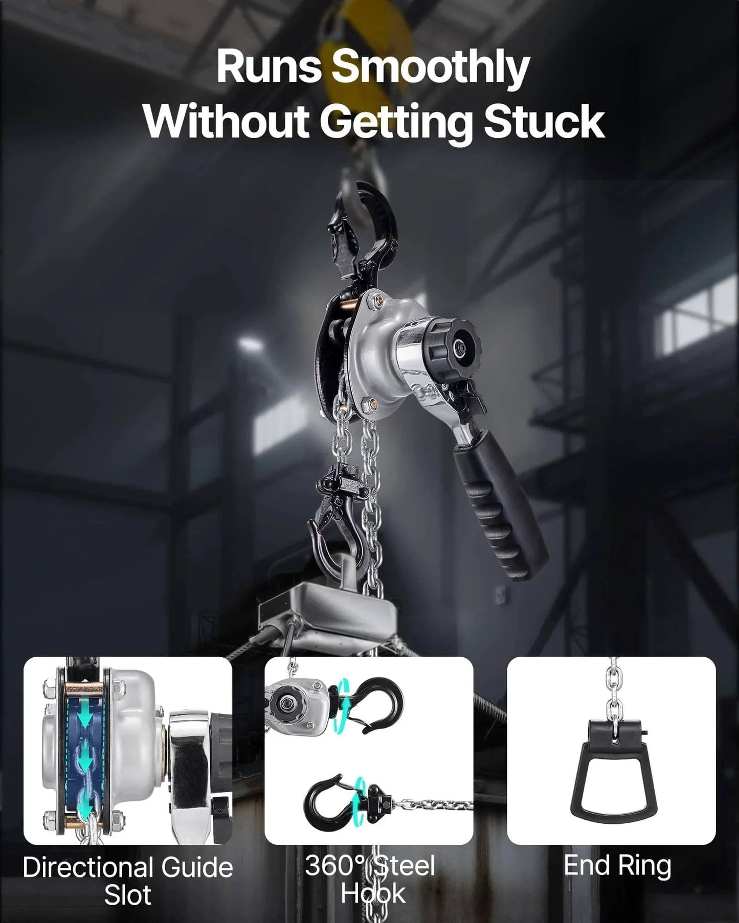 Manual Lever Chain Hoist Half Ton Capacity 1100 Lbs 10 Ft Lift G80 Chain Dual Pawl Brake 360 Degree Hooks For Warehouse, guide slot, steel hook, end ring.