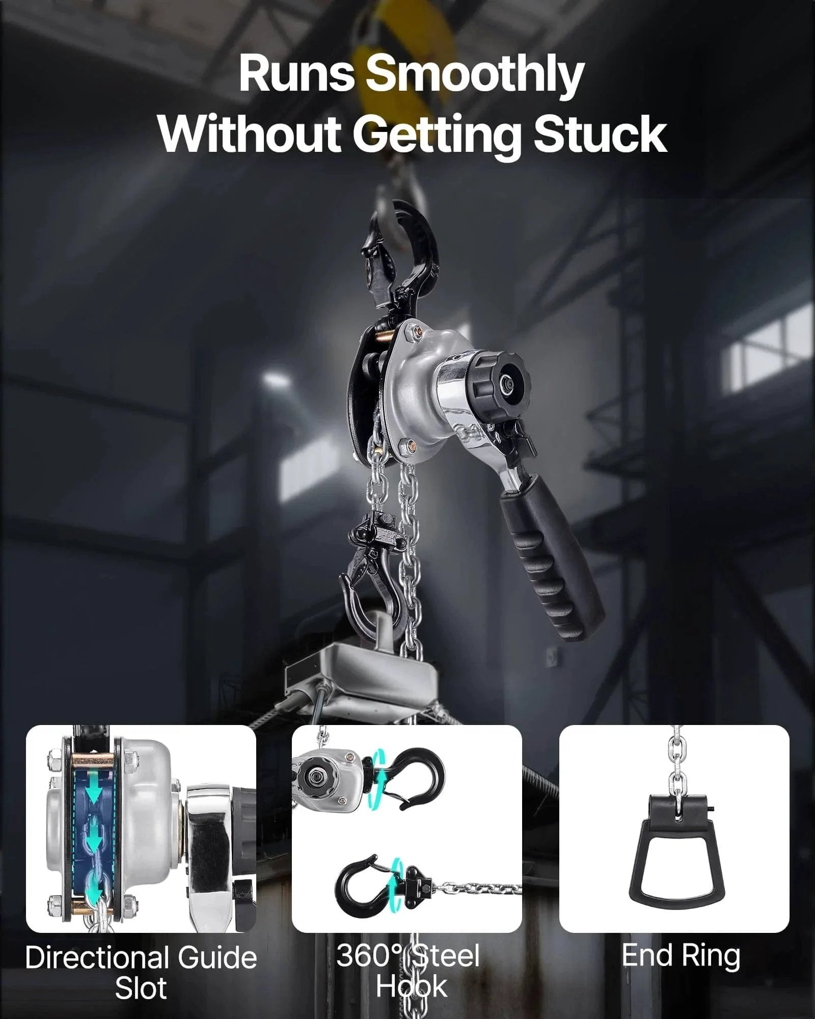 Manual Lever Chain Hoist Half Ton Capacity 1100 Lbs 10 Ft Lift G80 Chain Dual Pawl Brake 360 Degree Hooks For Warehouse, guide slot, steel hook, end ring.
