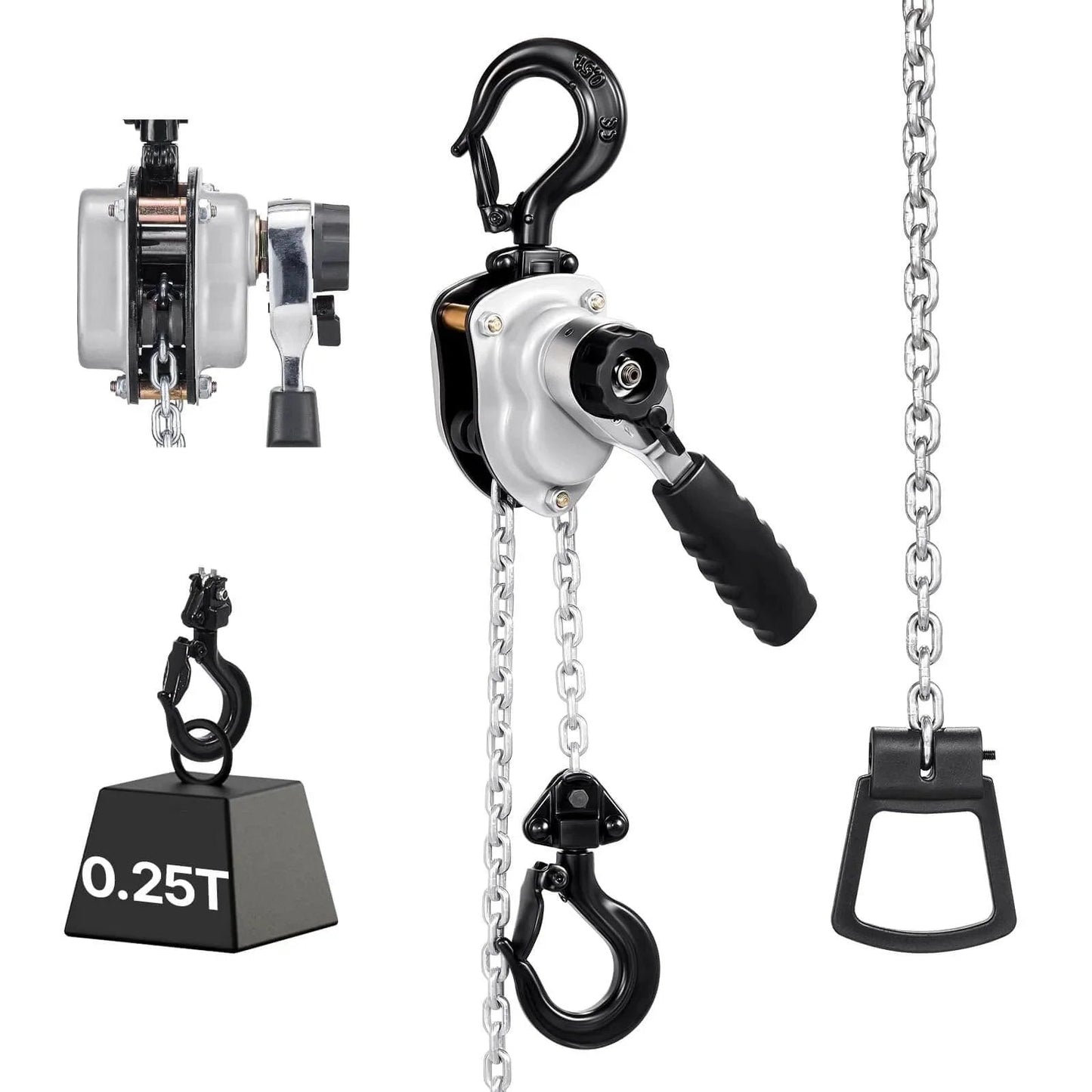 Manual Lever Chain Hoist Quarter Ton 550Lb Capacity With 5 Ft Lift G80 Chain Dual Pawl Brake 360 Rotating Hooks, close-up view