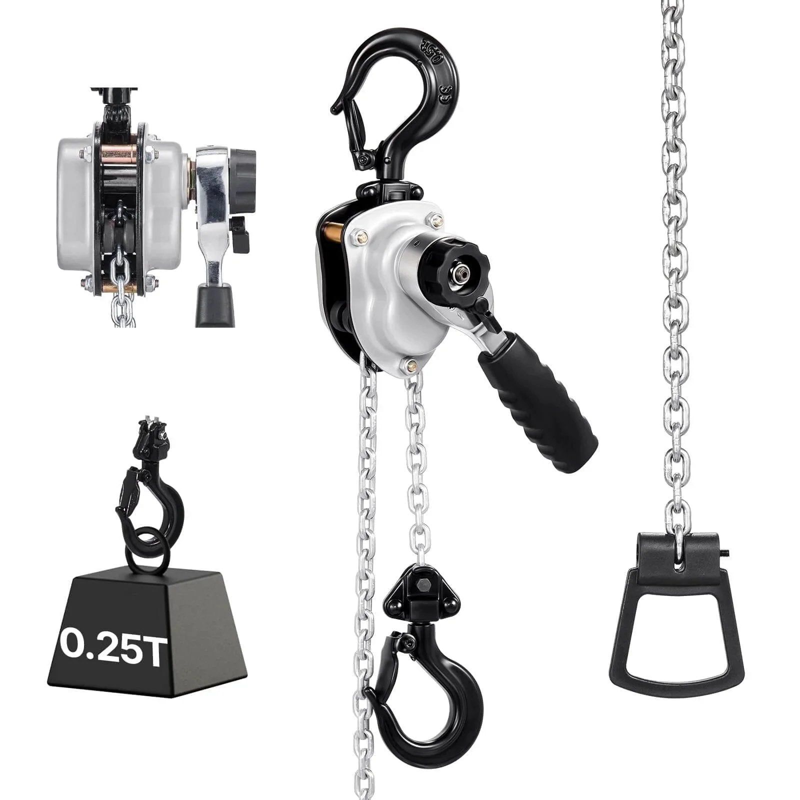 Manual Lever Chain Hoist Quarter Ton 550Lb Capacity With 5 Ft Lift G80 Chain Dual Pawl Brake 360 Rotating Hooks, close-up view