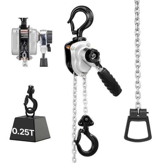 Manual Lever Chain Hoist Quarter Ton 550Lb Capacity With 5 Ft Lift G80 Chain Dual Pawl Brake 360 Rotating Hooks, close-up view