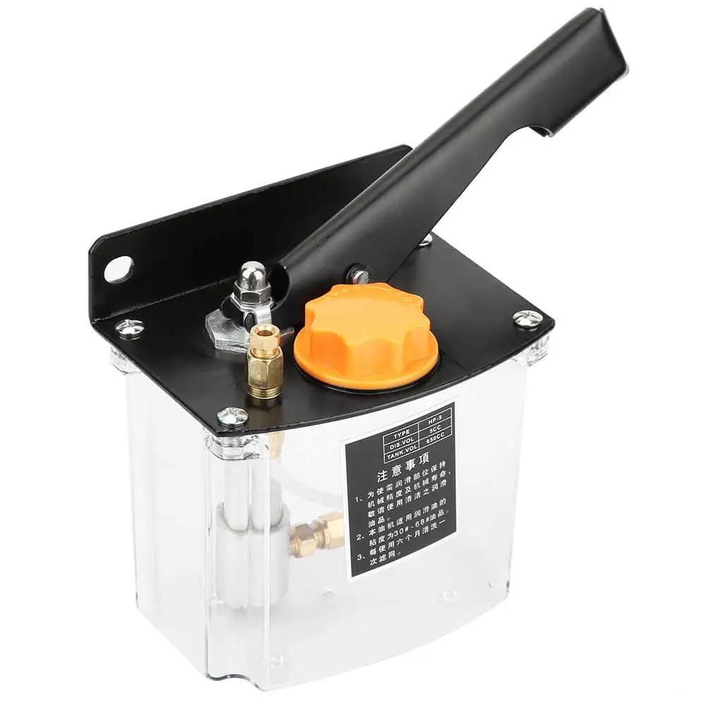 Manual Lubricating Pump HP5R Right Hand Operated for CNC Machine Tools, clear 650cc tank, 4mm oil outlet, side view