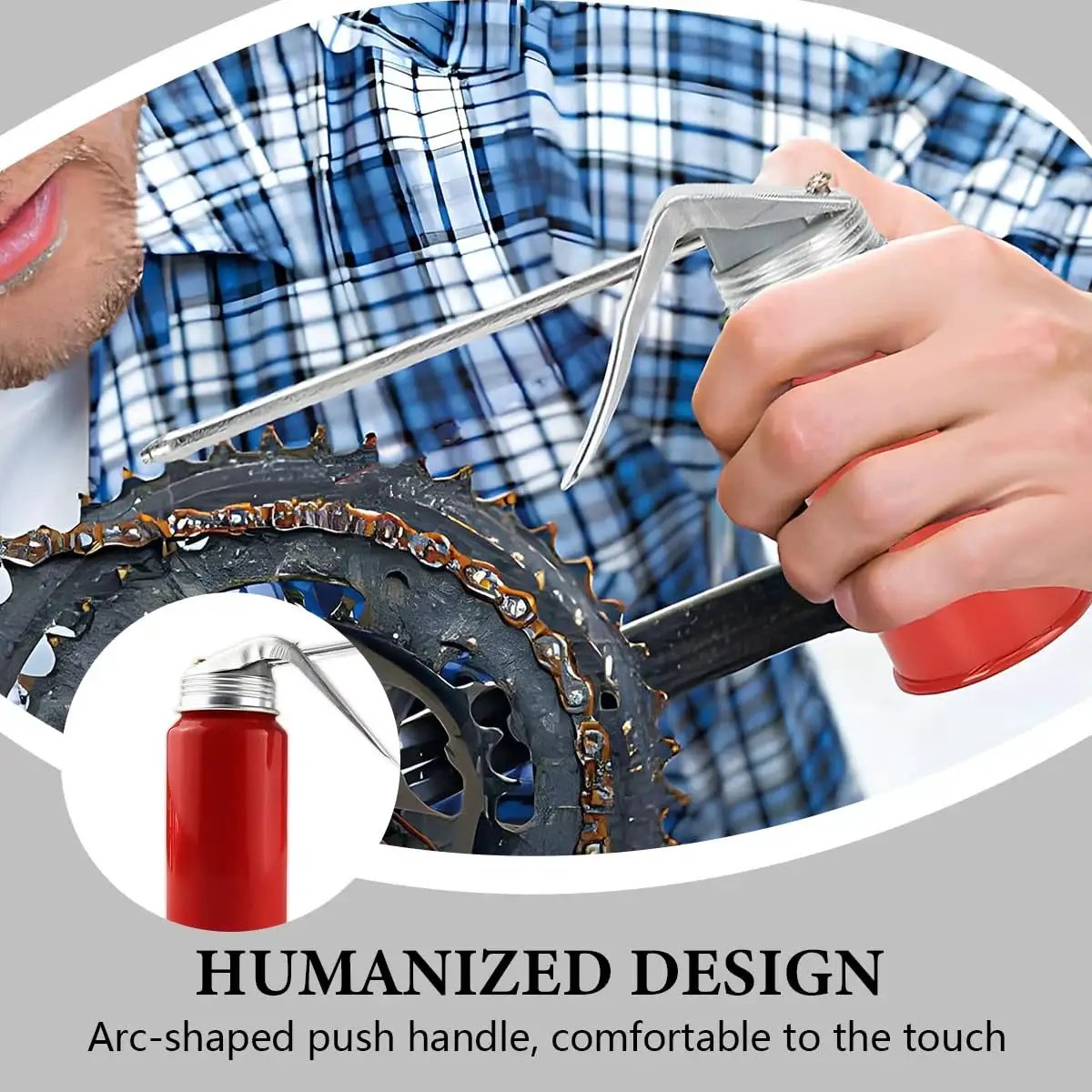 Two Pack 200 Ml Steel Manual Oil Can Pump Oiler for Cars and Motorcycles shown in use, applying oil to a bike chain gear.