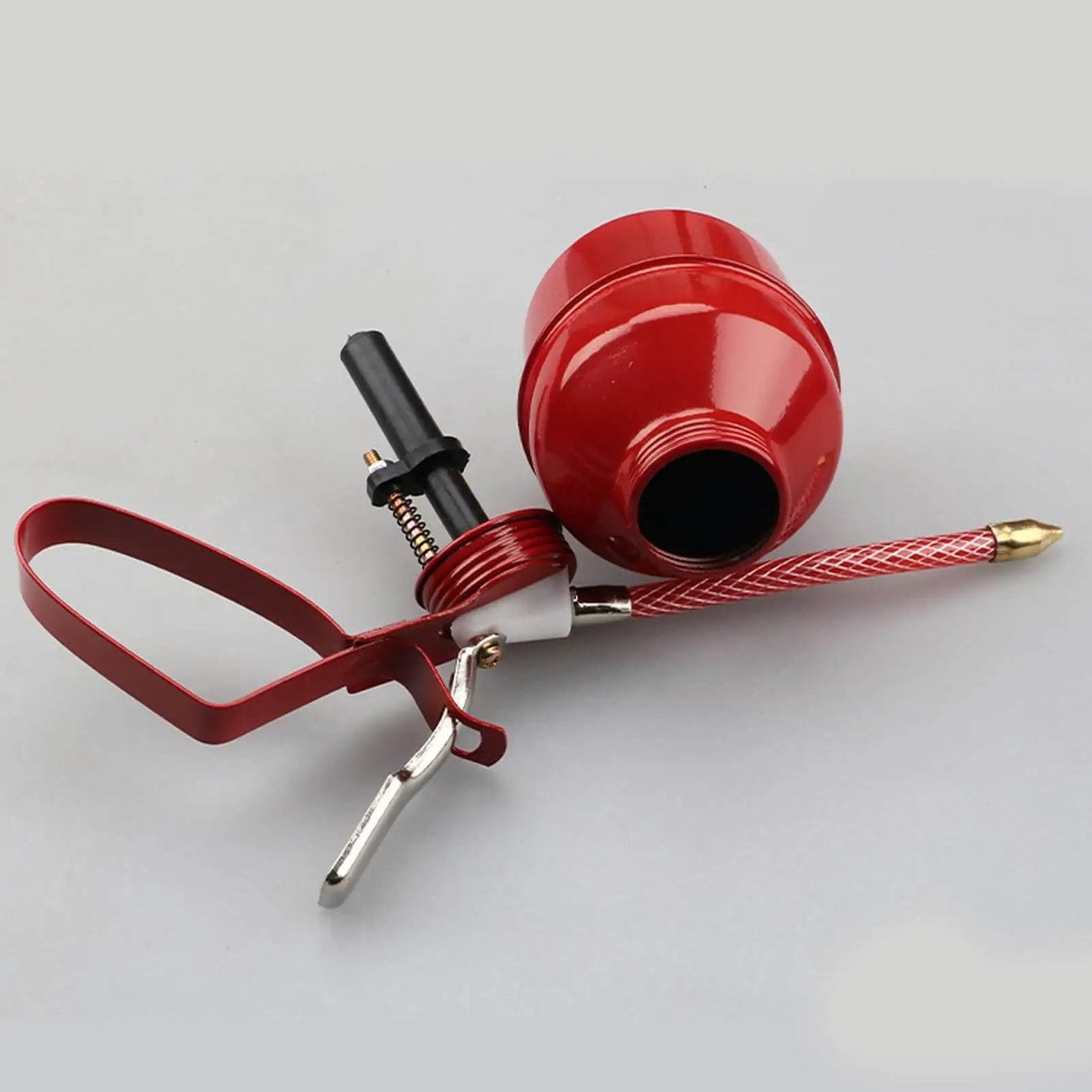 Easy Grip 400ml Manual Oiler Can with Red Lever for Precise Lubrication hand pump with flexible hose, detailed view