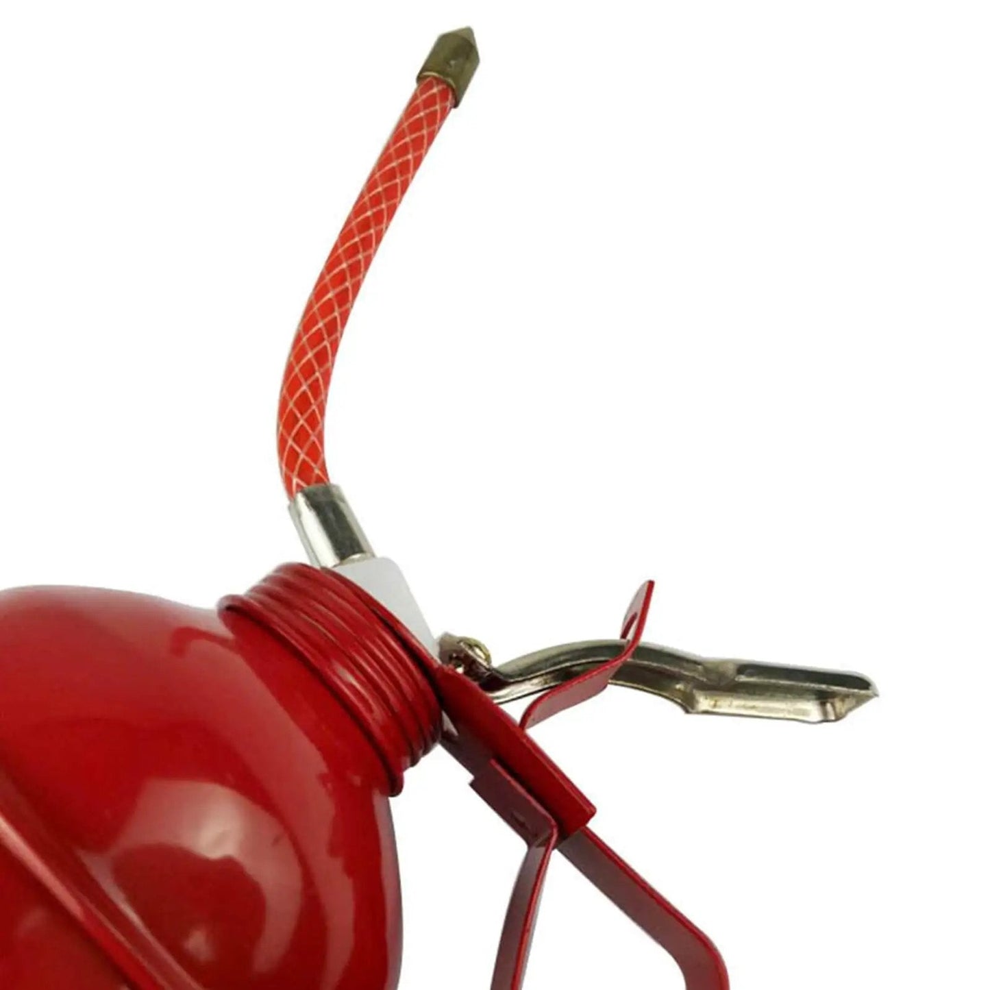 Close-up of Easy Grip 400ml Manual Oiler Can with Red Lever for Precise Lubrication, showing flexible hose and pump mechanism