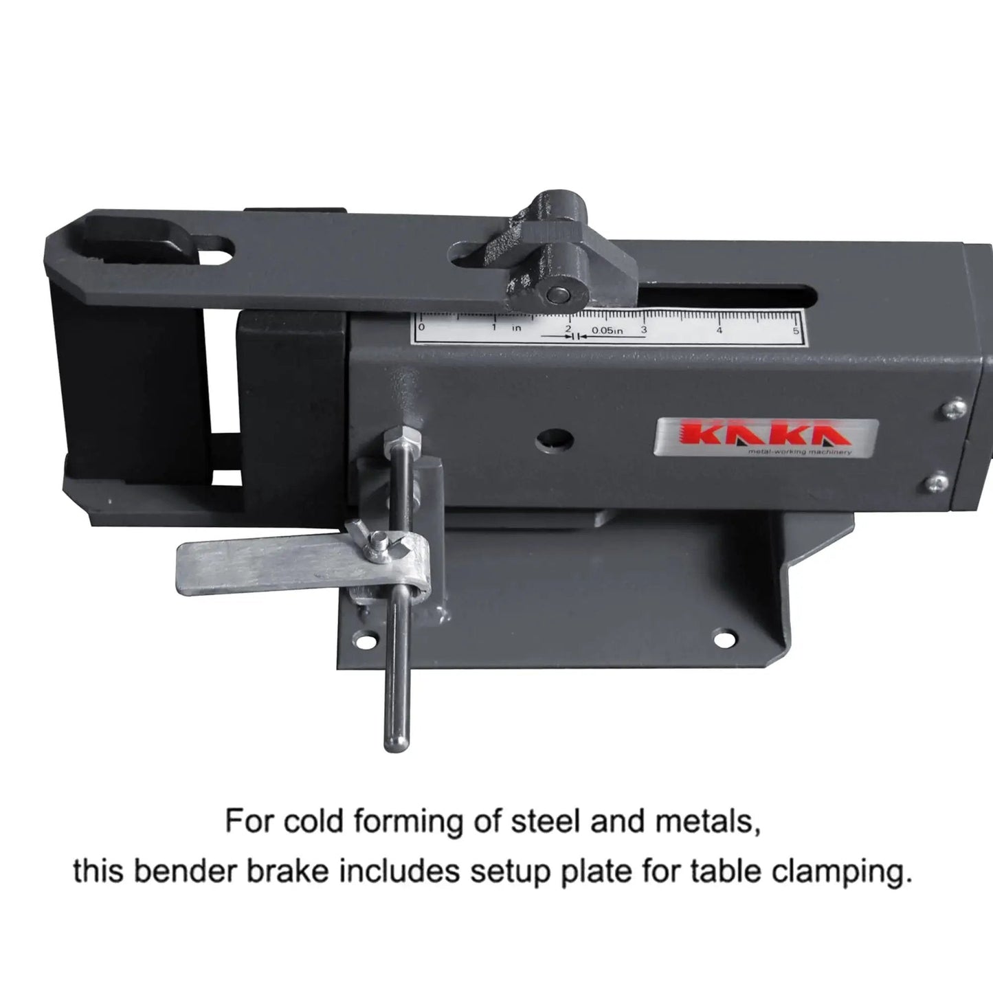 Manual Steel Bending Brake With Four Inch Capacity and 2.5 Ton Press, side view of mounted 90 degree bender with setup plate.