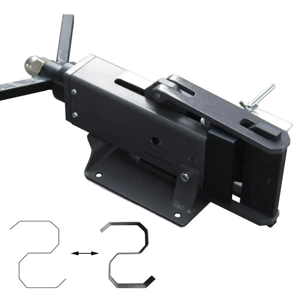 Manual Steel Bending Brake With Four Inch Capacity And 2.5 Ton Press Bench Top Mounted 90 Degree Bender, side view with metal shapes.