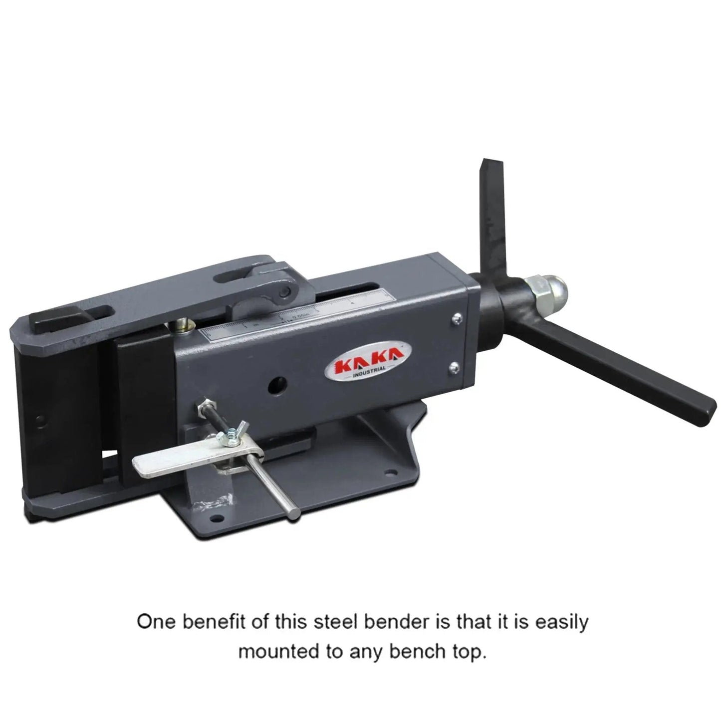 Manual Steel Bending Brake With Four Inch Capacity And 2.5 Ton Press Bench Top Mounted, shown from side view.