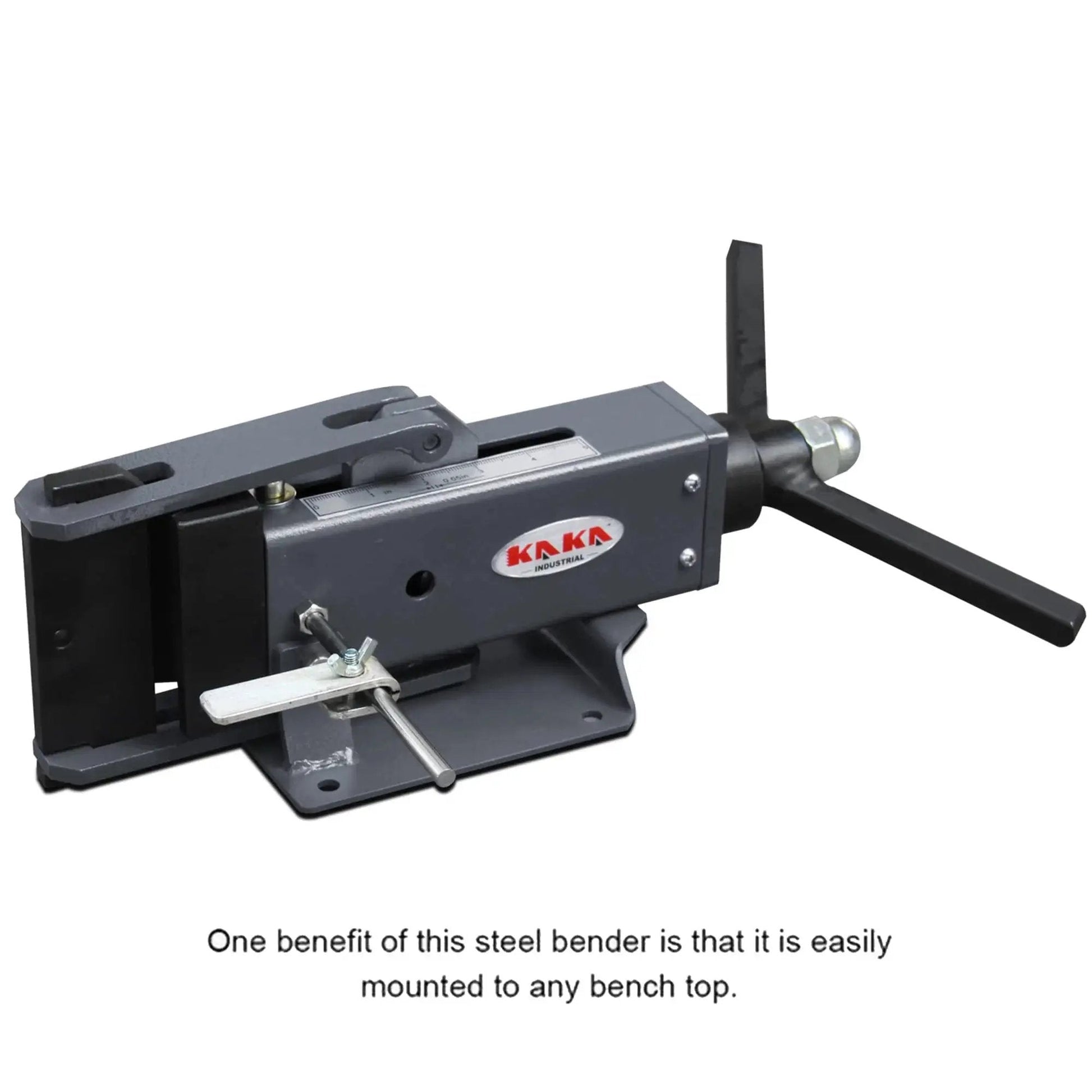 Manual Steel Bending Brake With Four Inch Capacity And 2.5 Ton Press Bench Top Mounted, shown from side view.