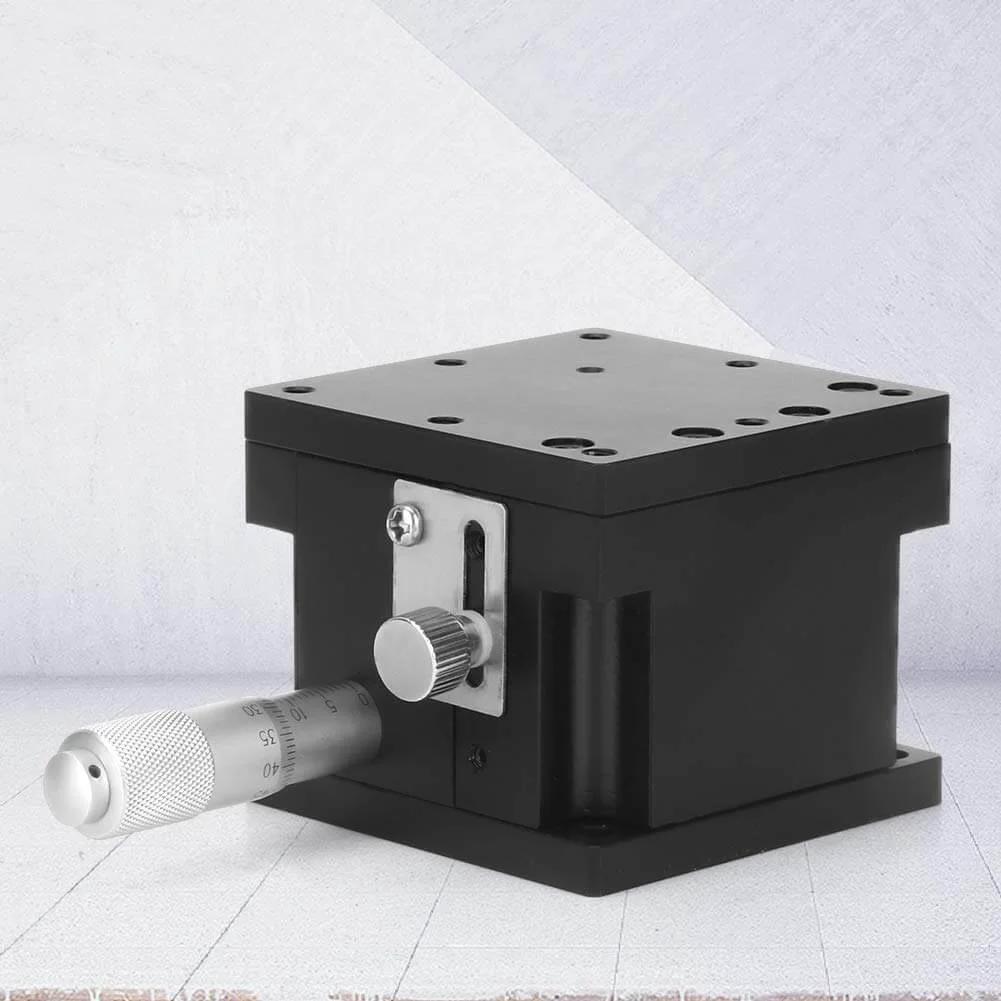 Black Manual Z Linear Stage,Micrometer Fine Tuning Bearing Slide Table shown from side view against a light backdrop