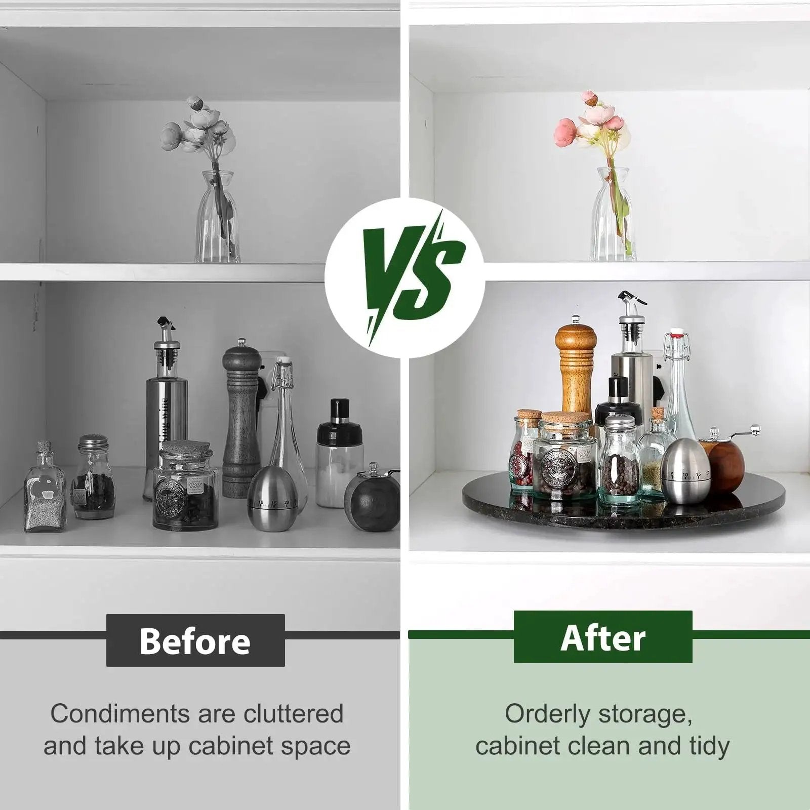 Comparison of cluttered vs. organized kitchen cabinet using Marble 16 Inch Lazy Susan Turntable Organizer For Cabinets Pantries Kitchen Counters Fridge And Vanity With Silent Smooth Rotation Anti Slip Rubber Feet And Durable Aluminum Bearing For Easy 360 Degree Access Black.